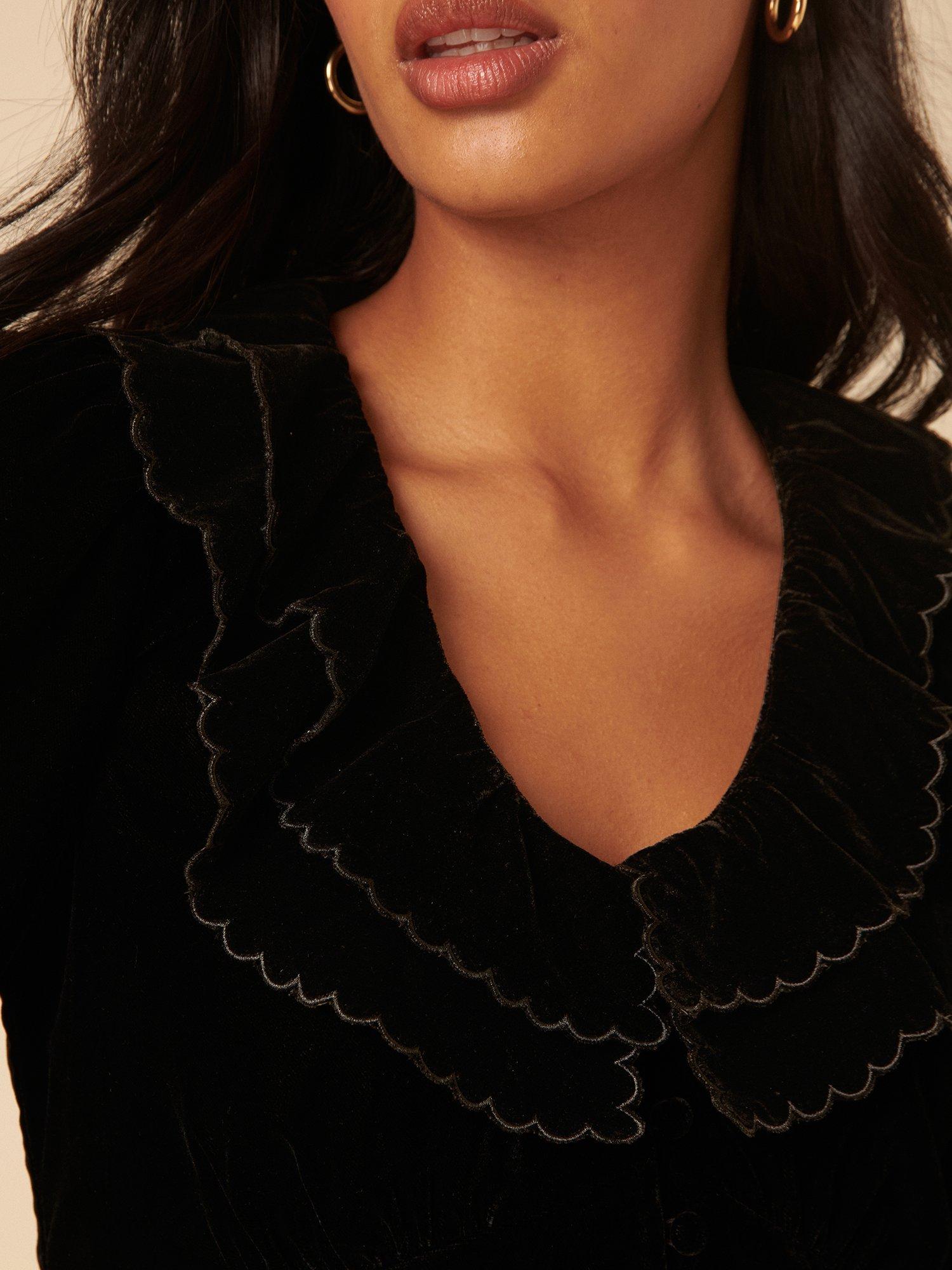 Product image 4 of 5, which shows Nobody's Child Ruffle Collar Velvet Blouse, Black, 8