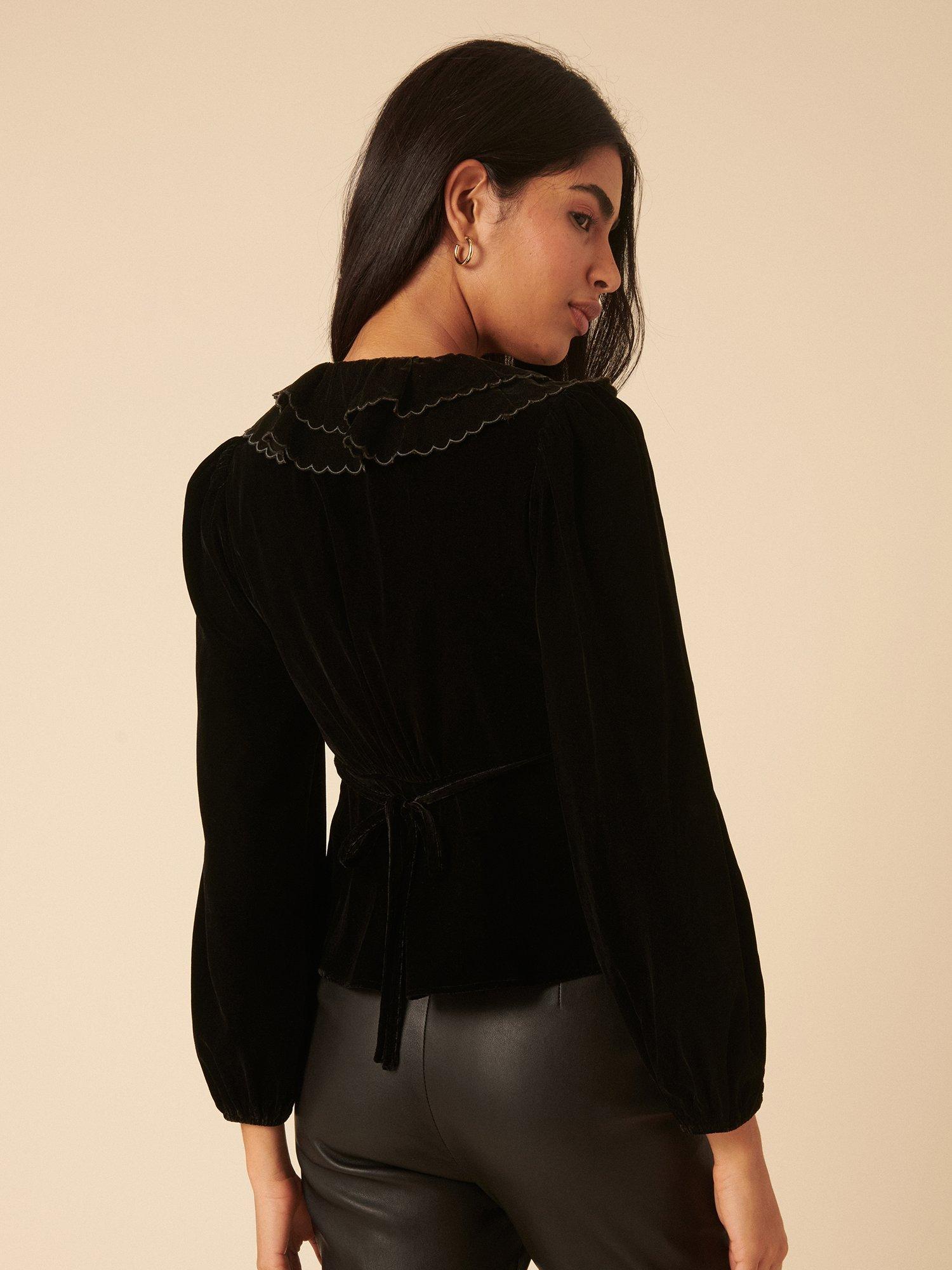 Product image 5 of 5, which shows Nobody's Child Ruffle Collar Velvet Blouse, Black, 8
