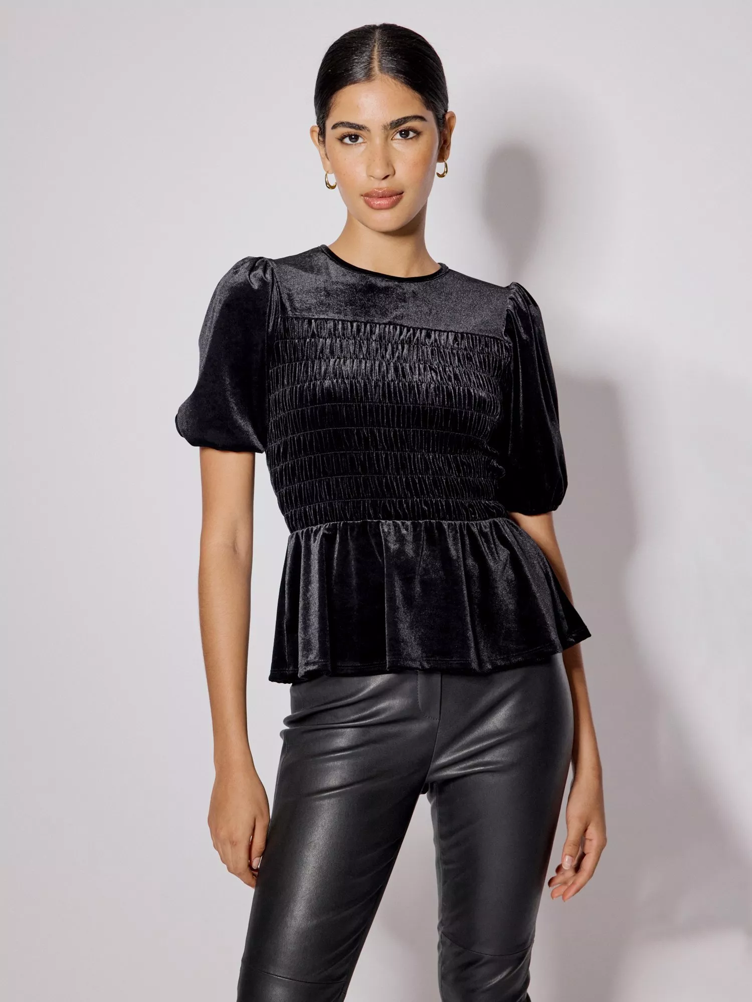 Nobody's Child Shirred Velvet Short Puff Sleeve Top, Black