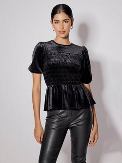 Nobody's Child Shirred Velvet Short Puff Sleeve Top, Black, Black