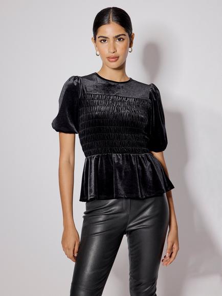 Nobody's Child Shirred Velvet Short Puff Sleeve Top, Black, Black