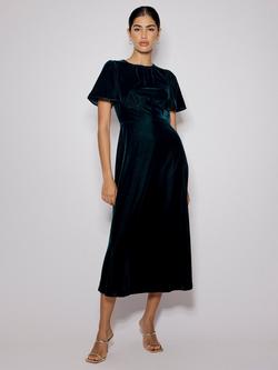 Nobody's Child Allegra Panelled Waist Velvet Midi Dress, Dark Green, Dark Green