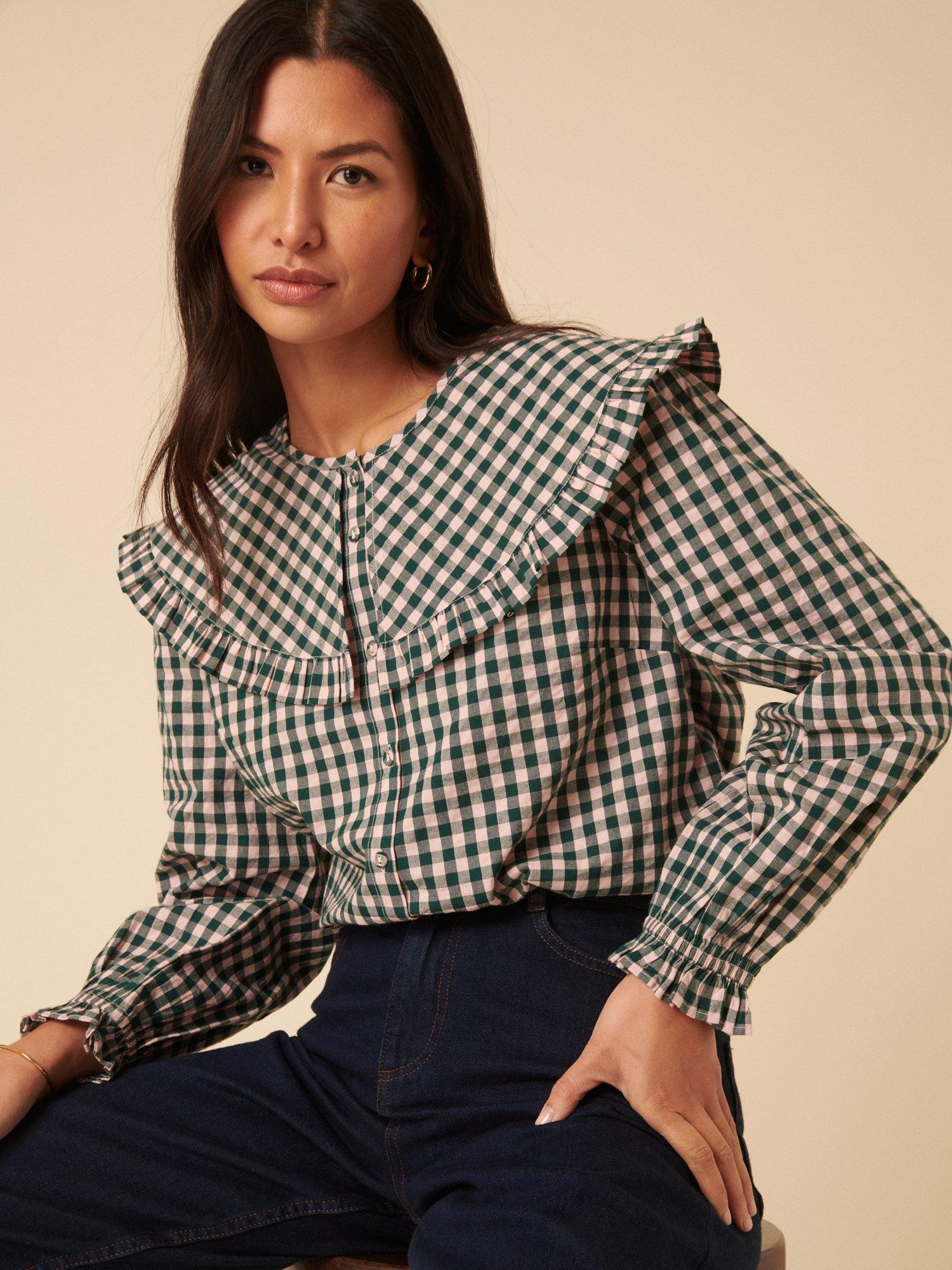 Product image 2 of 5, which shows Nobody's Child Jennifer Gingham Oversized Collar Top, Green/Pink, 16