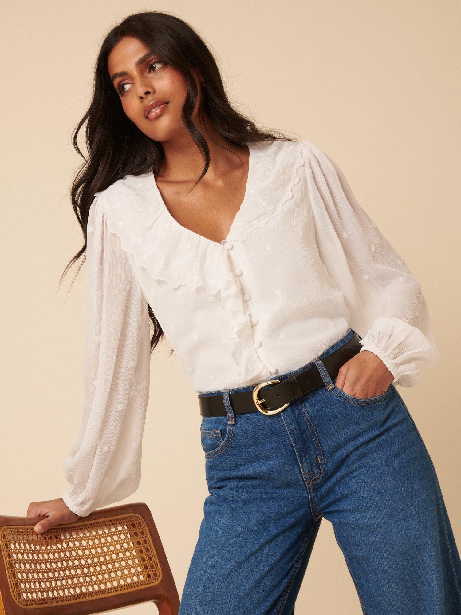 Product image 2 of 5, which shows Nobody's Child Lysander Frill Collar Embroidered Blouse, White, 16