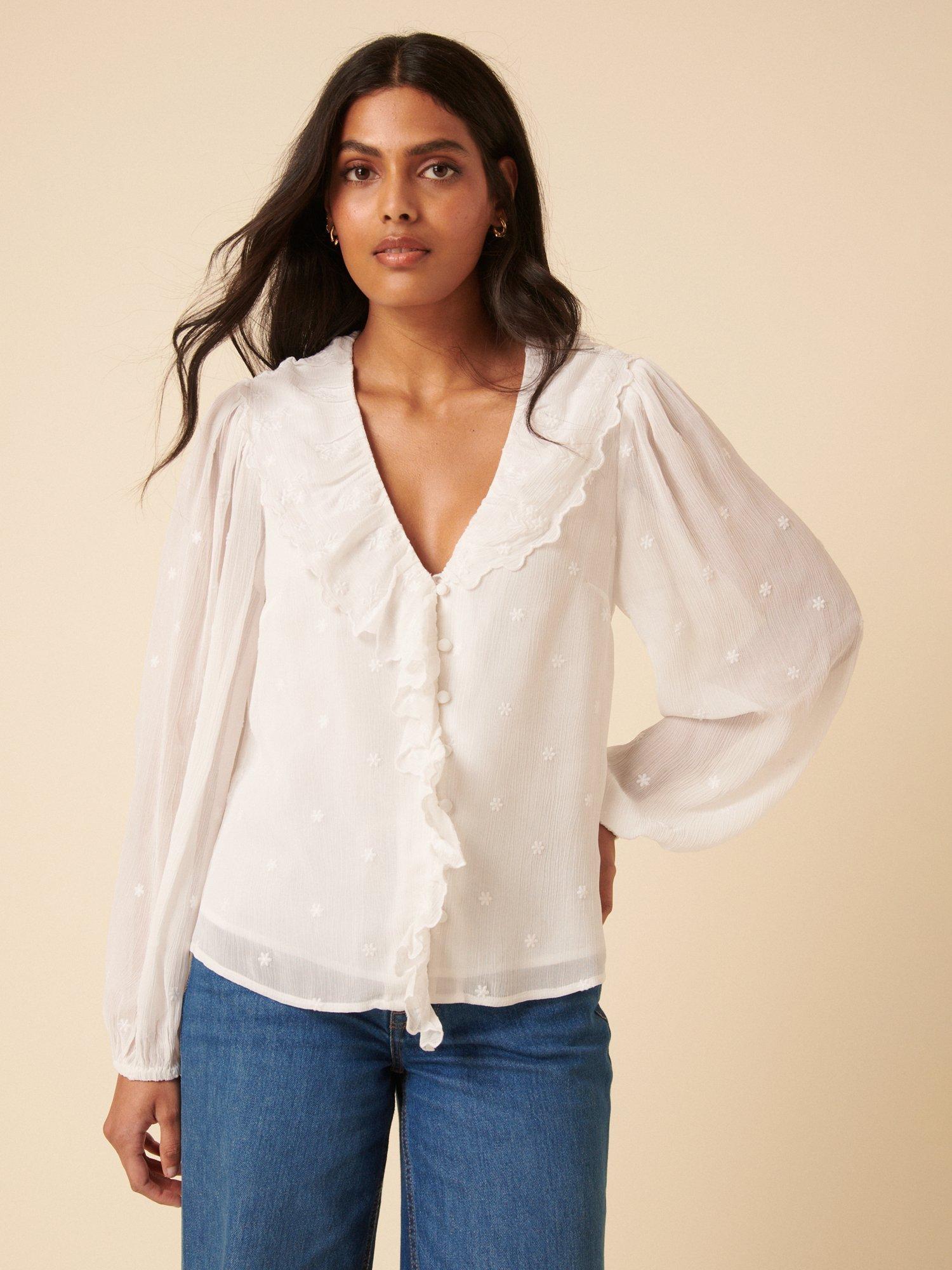 Product image 3 of 5, which shows Nobody's Child Lysander Frill Collar Embroidered Blouse, White, 16