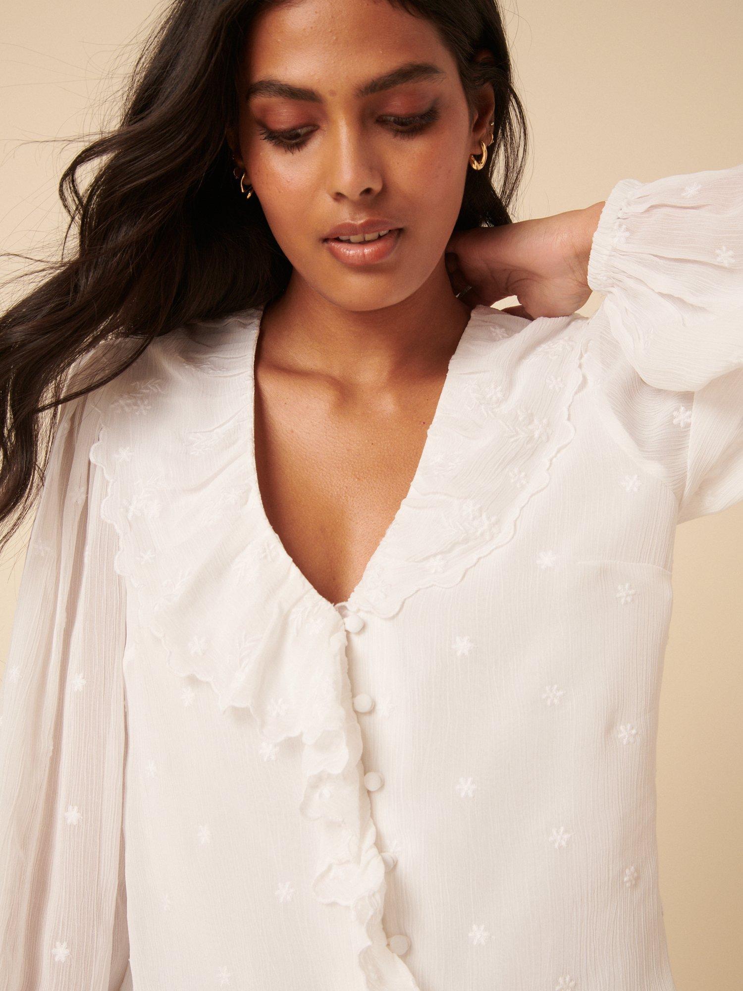 Product image 4 of 5, which shows Nobody's Child Lysander Frill Collar Embroidered Blouse, White, 16