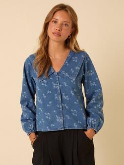 Nobody's Child Towan Sailor Collar Floral Denim Blouse, Denim - view 2, Denim