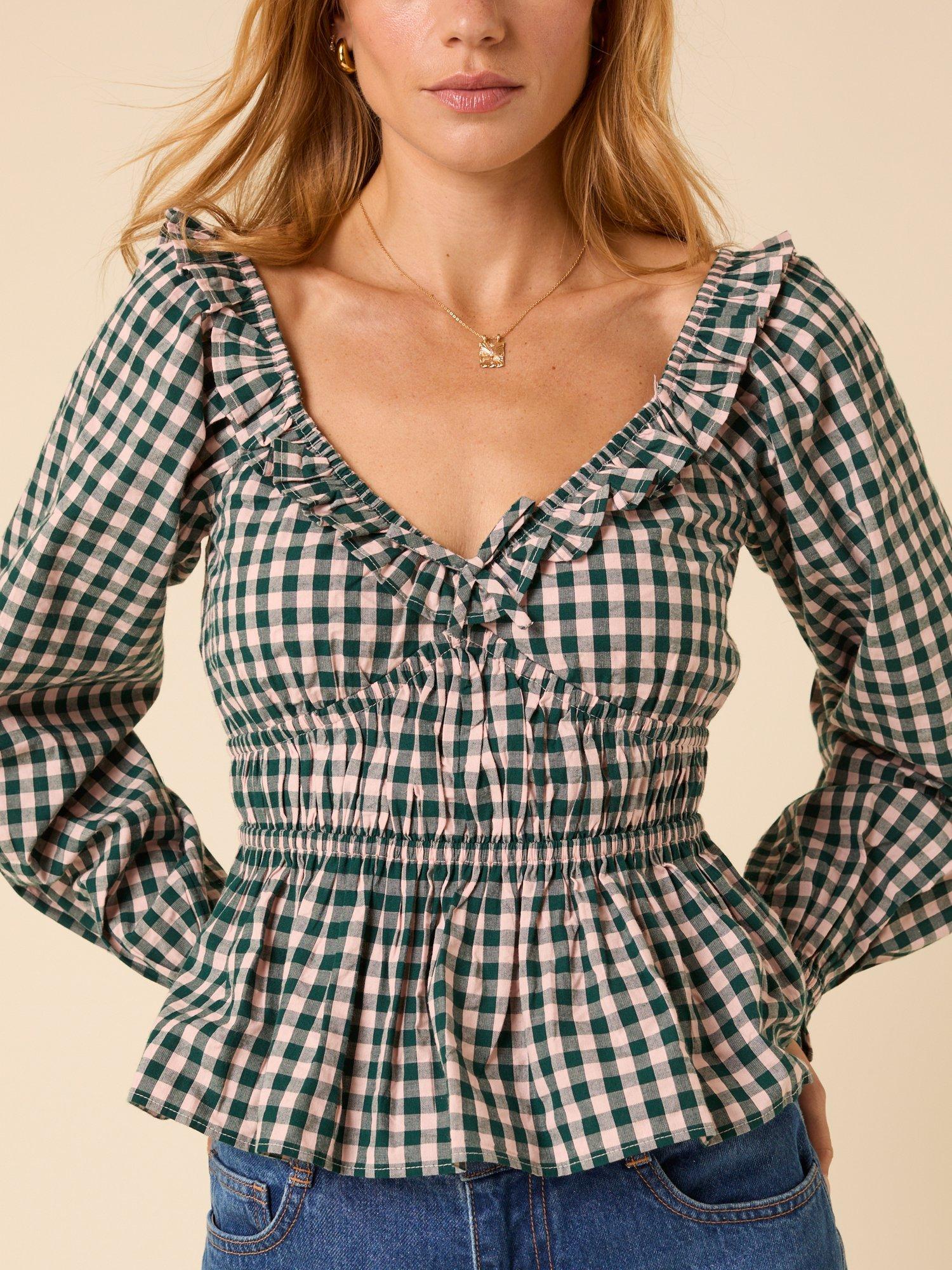 Product image 2 of 5, which shows Nobody's Child Taggie Gingham Top, Green/Pink, 10