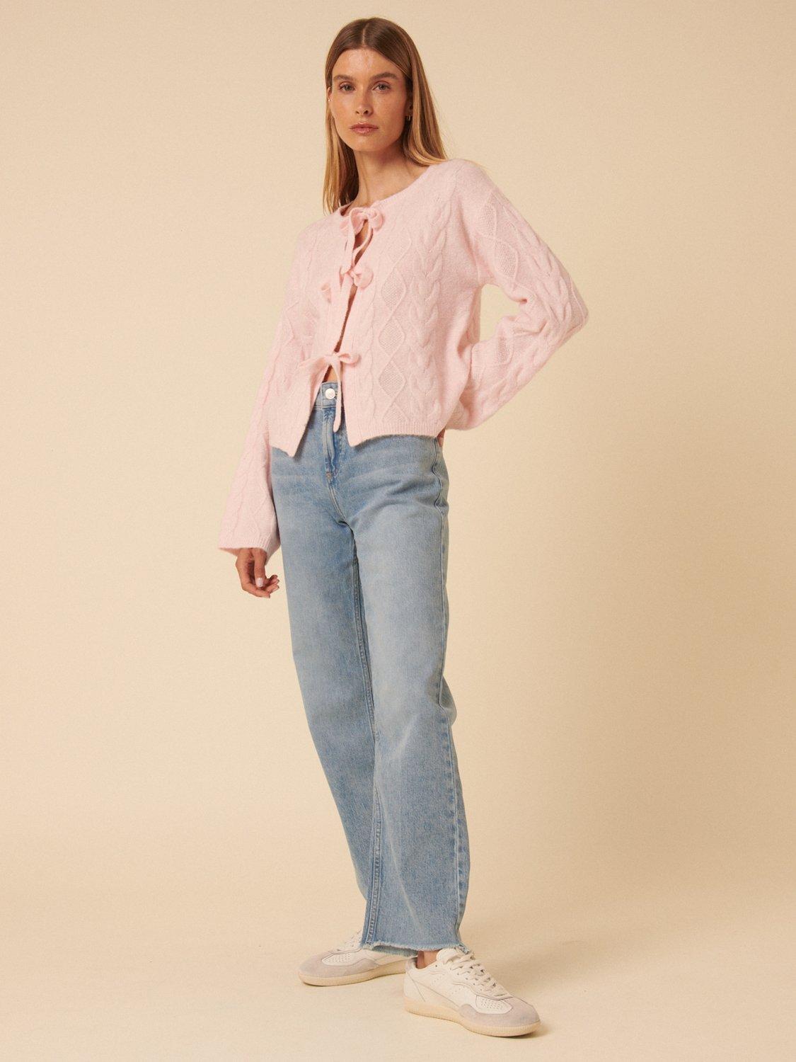 Product image 1 of 5, which shows Nobody's Child Tie Front Cable Knit Cardigan, Pink, XS