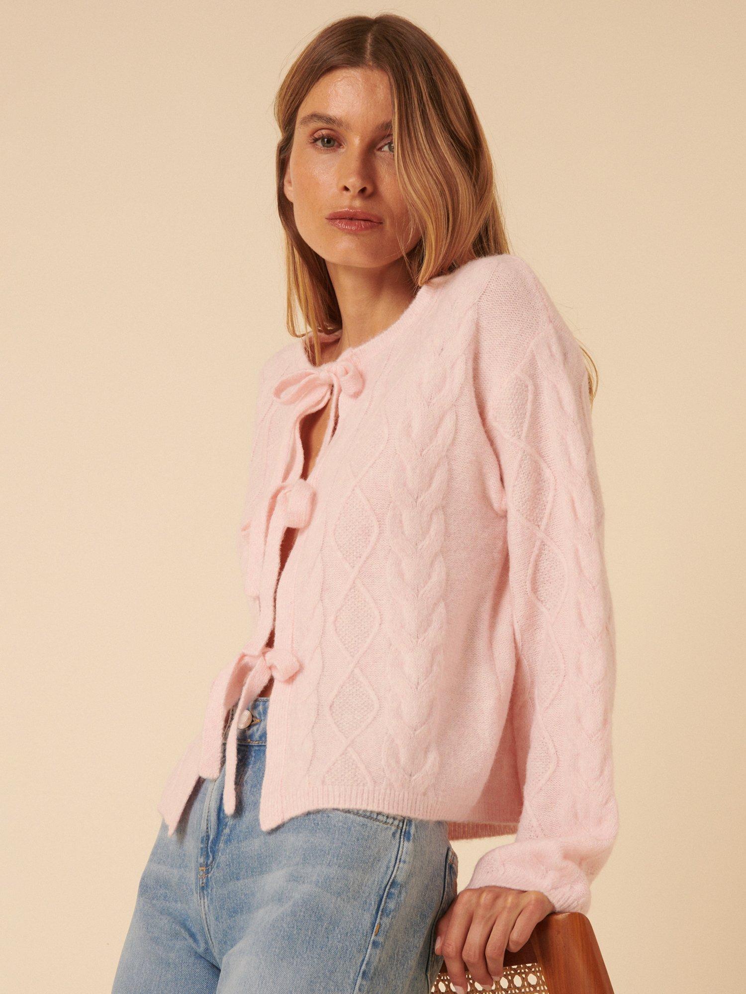 Product image 2 of 5, which shows Nobody's Child Tie Front Cable Knit Cardigan, Pink, XS