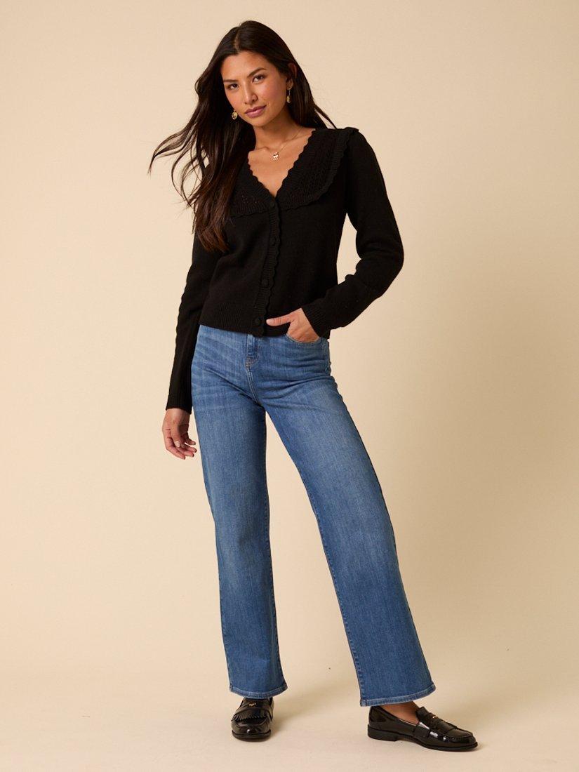 Nobody's Child Pointelle Yolk Scallop Trim Wool Blend Cardigan, Black