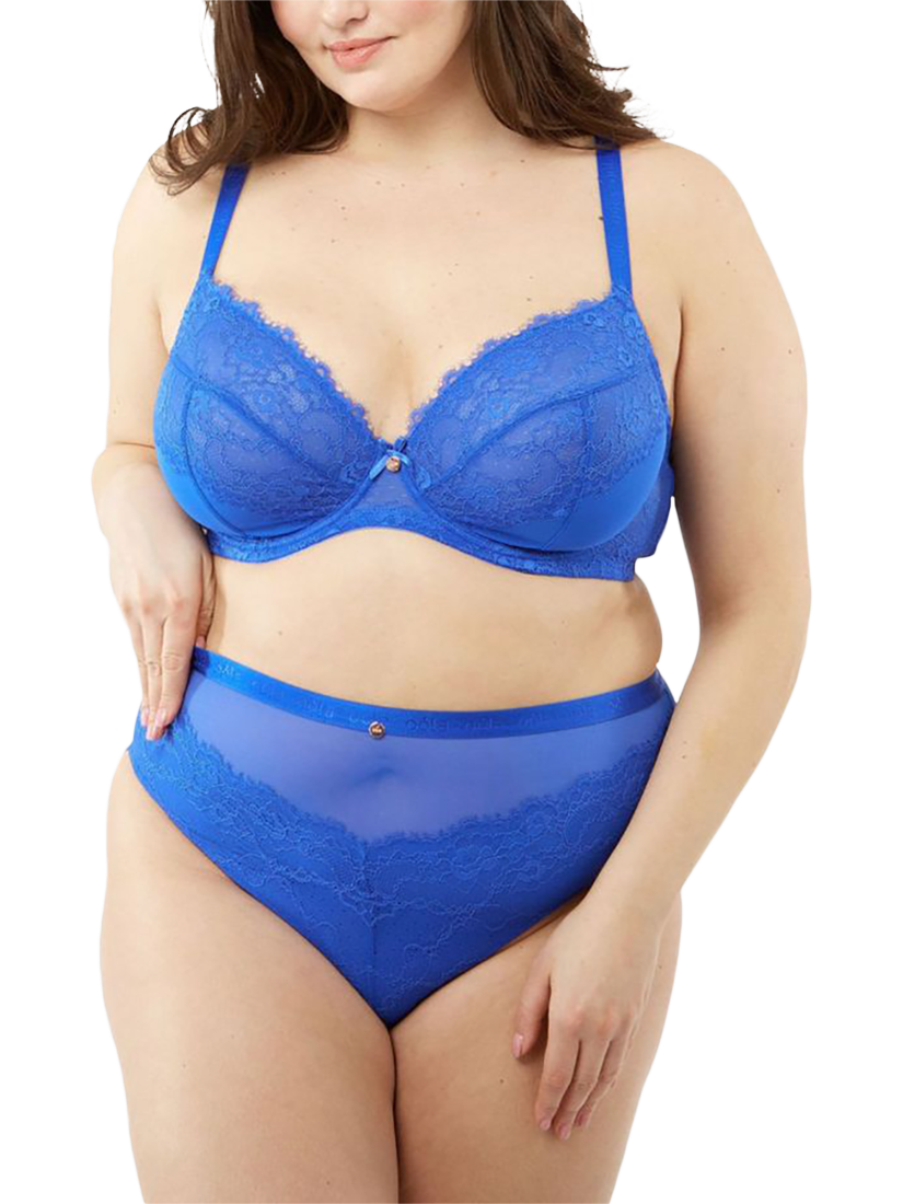 Product image 1 of 6, which shows Oola Lingerie Lace and Logo High Waist Knickers, Cobalt, 14-16