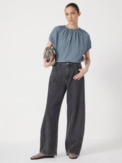 HUSH Gathered Crew Neck Detail Top containing LENZING™ ECOVERO™ Viscose, Stormy Blue