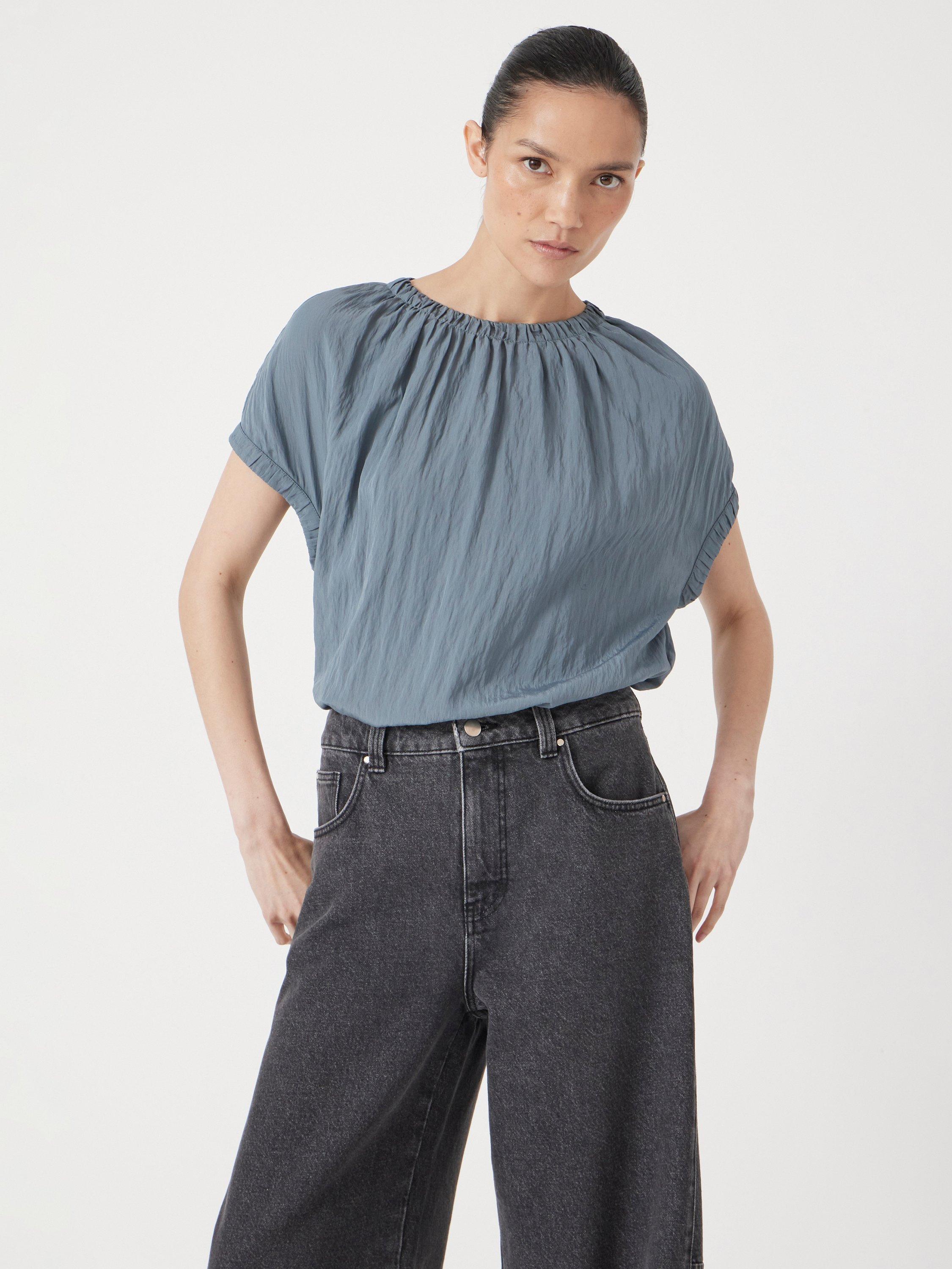 Product image 3 of 5, which shows HUSH Gathered Crew Neck Detail Top containing LENZING™ ECOVERO™ Viscose, Stormy Blue, XXS