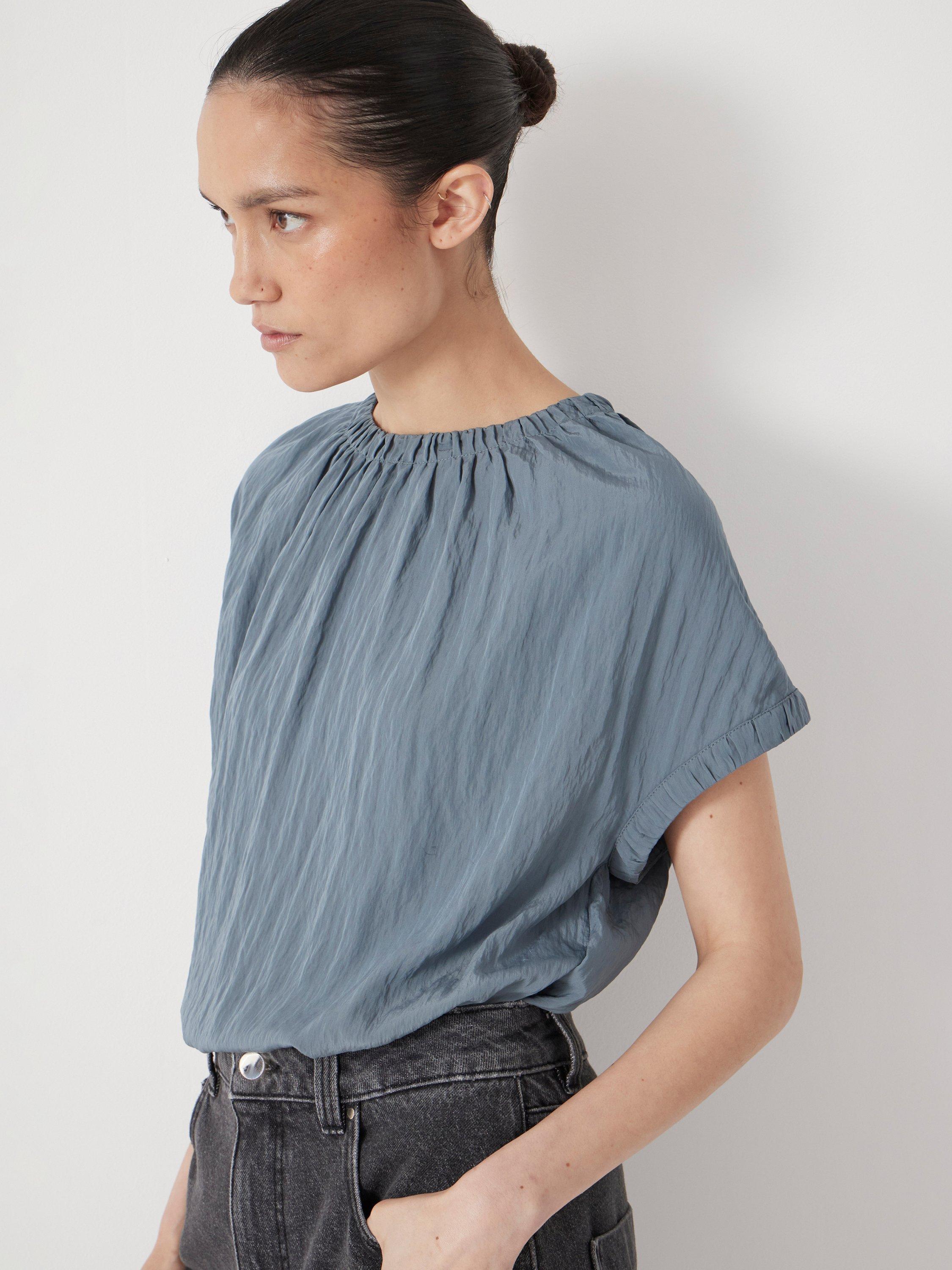 Product image 5 of 5, which shows HUSH Gathered Crew Neck Detail Top containing LENZING™ ECOVERO™ Viscose, Stormy Blue, XXS