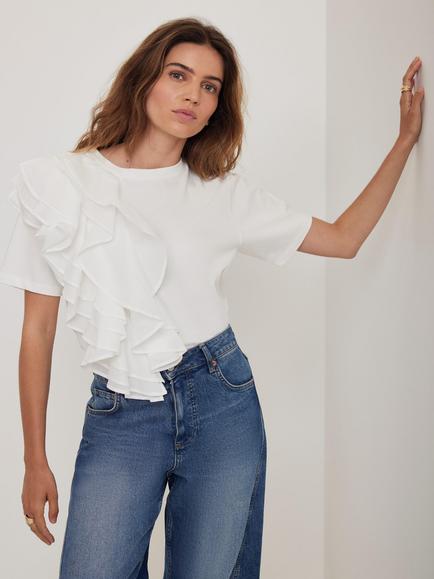Mint Velvet Frill Detail T-Shirt, White Ivory, White Ivory