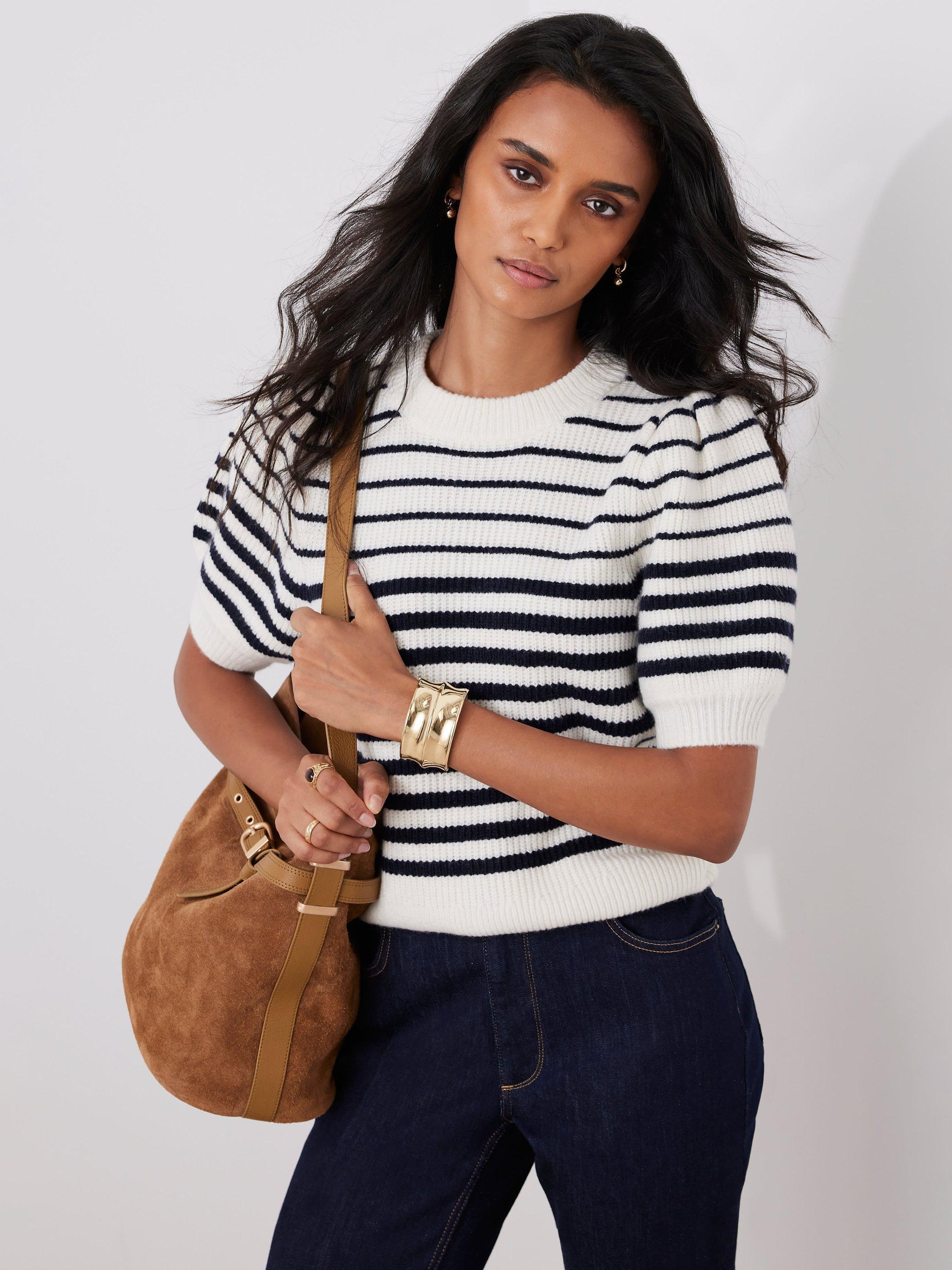 Product image 1 of 6, which shows Mint Velvet Stripe Puff Sleeve Knit Top, Navy/Multi, XS