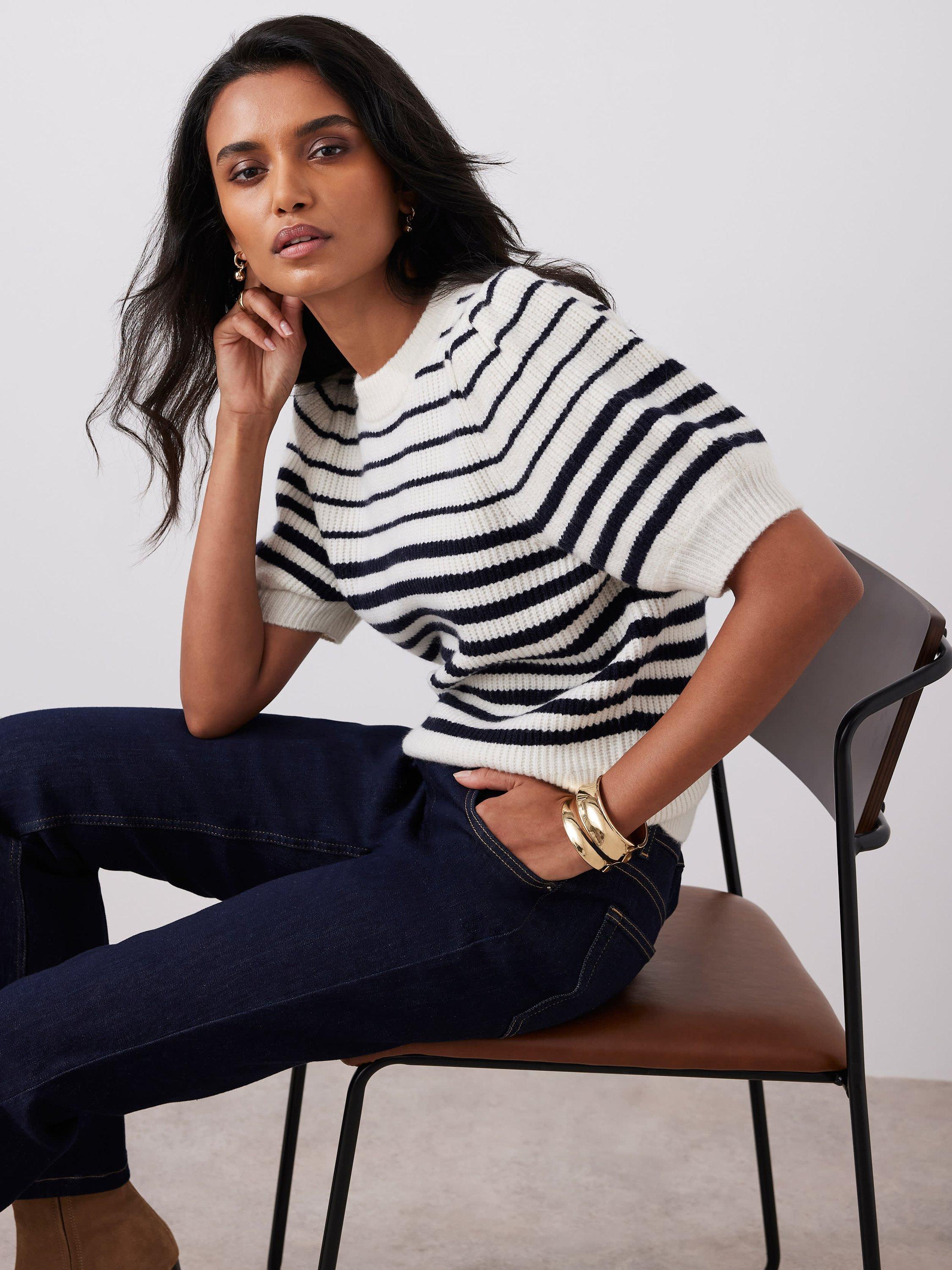 Product image 2 of 6, which shows Mint Velvet Stripe Puff Sleeve Knit Top, Navy/Multi, XS