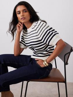 Mint Velvet Stripe Puff Sleeve Knit Top, Navy/Multi - view 2, Navy/Multi