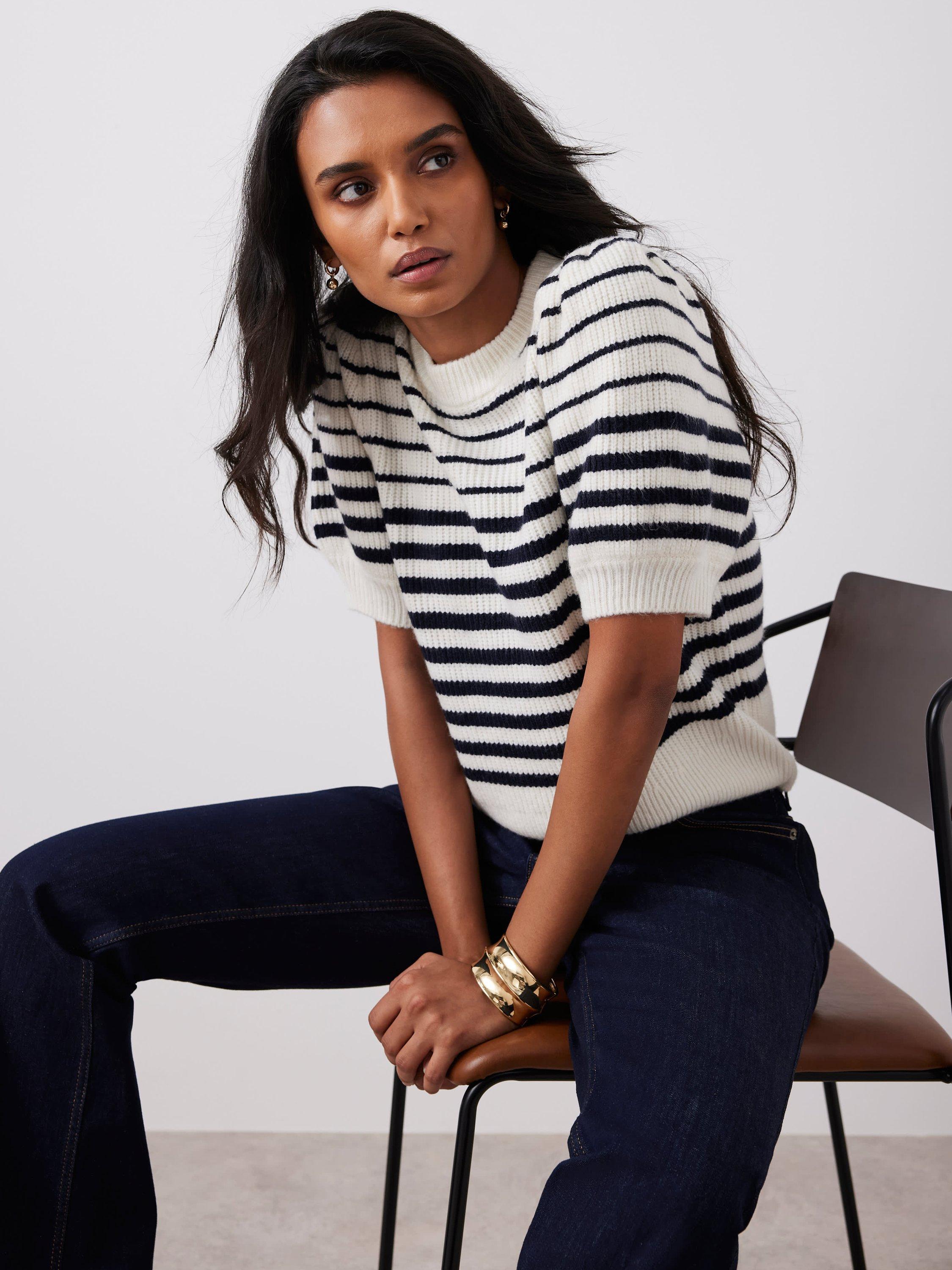 Product image 4 of 6, which shows Mint Velvet Stripe Puff Sleeve Knit Top, Navy/Multi, XS