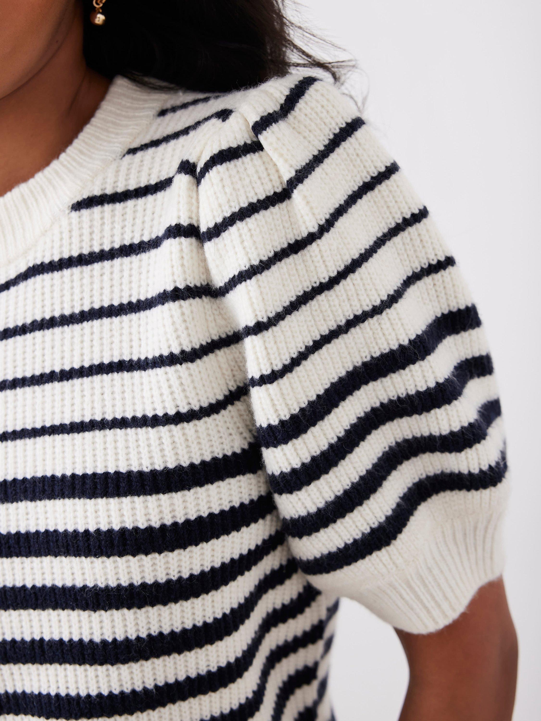 Product image 5 of 6, which shows Mint Velvet Stripe Puff Sleeve Knit Top, Navy/Multi, XS