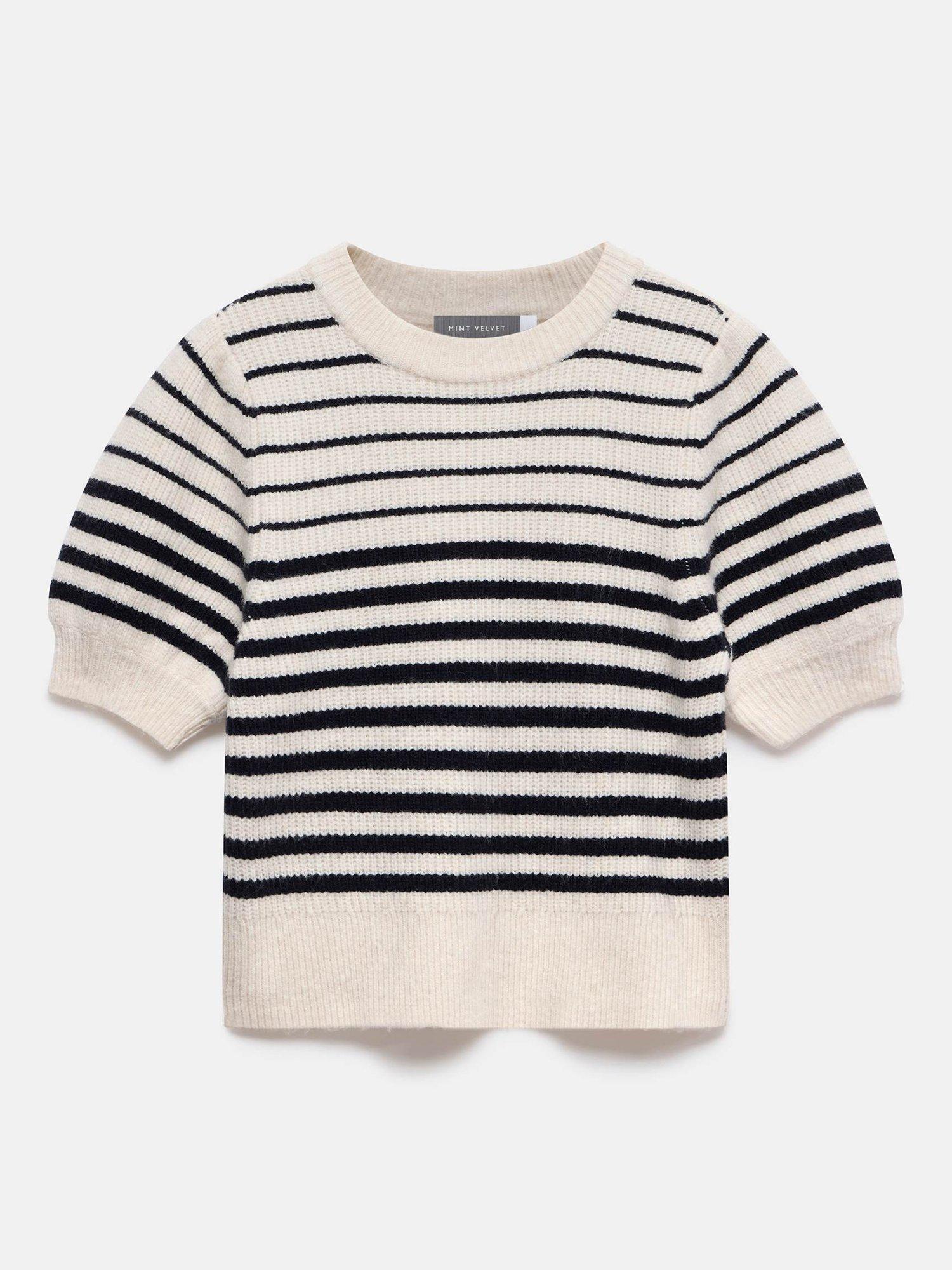 Product image 6 of 6, which shows Mint Velvet Stripe Puff Sleeve Knit Top, Navy/Multi, XS