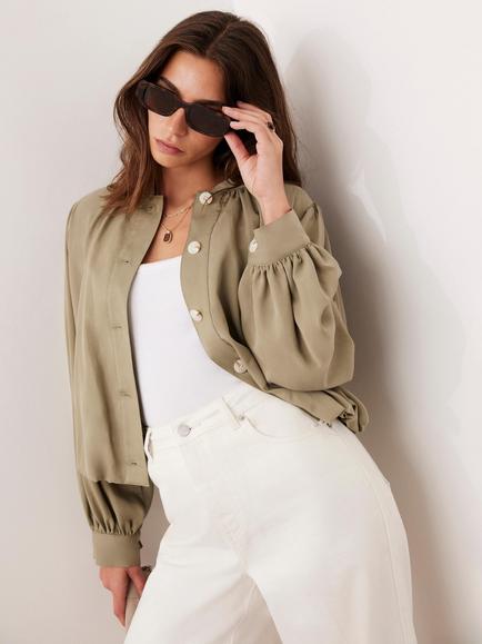 Mint Velvet Cropped Bubble Hem Jacket, Khaki - view 2, Khaki