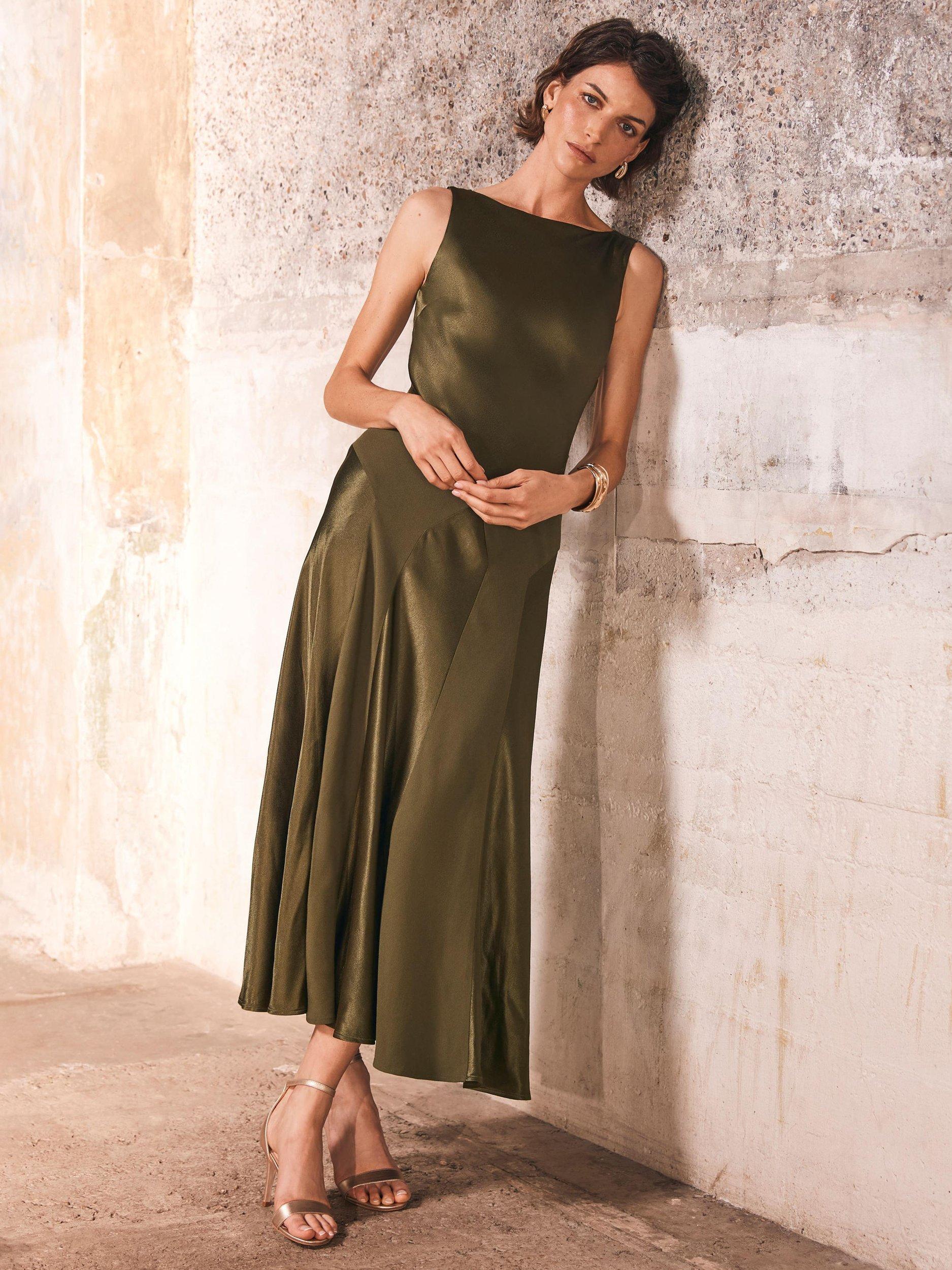 Product image 1 of 8, which shows Mint Velvet Panelled Satin Maxi Dress, Green, 6