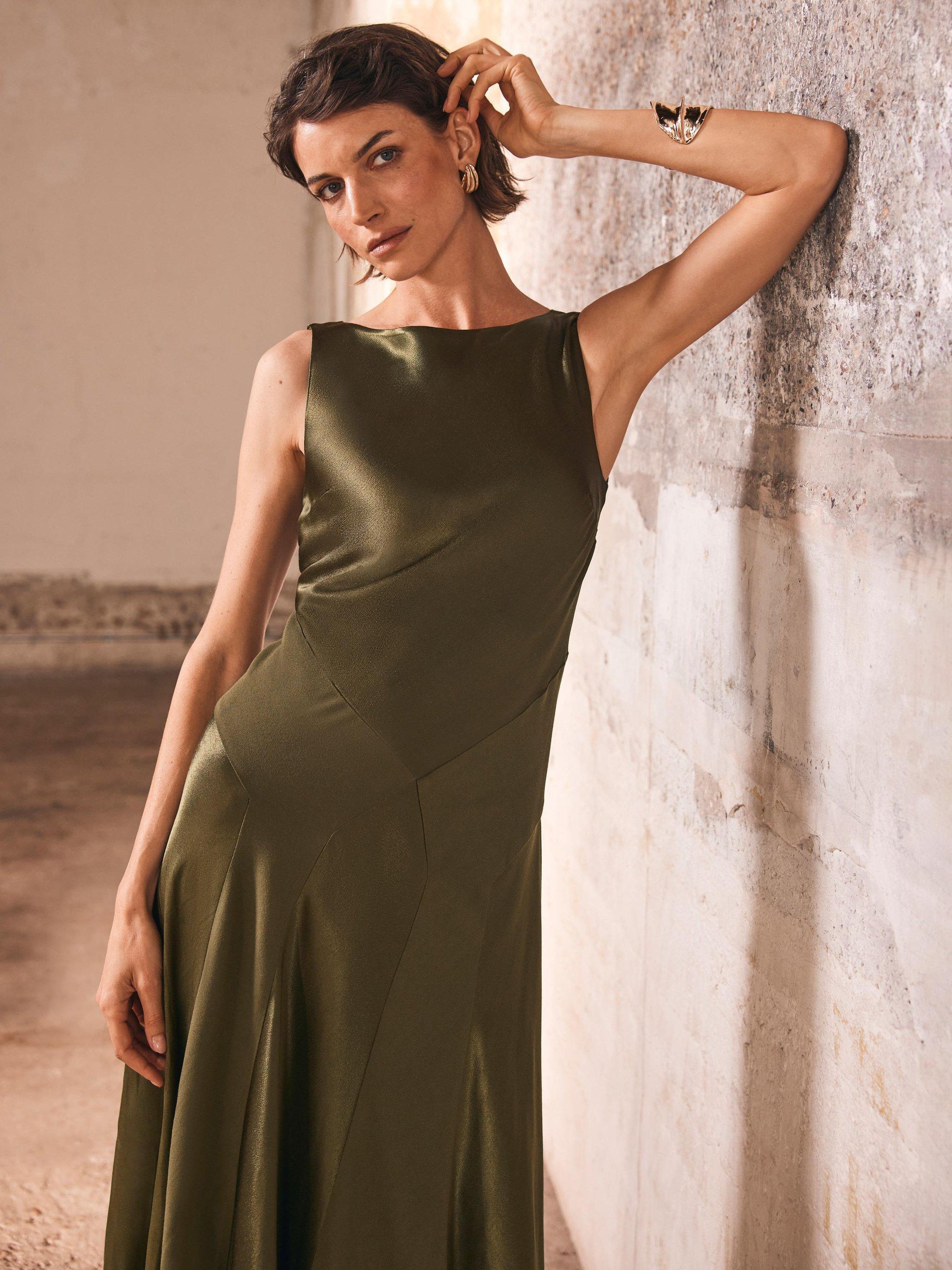 Product image 4 of 8, which shows Mint Velvet Panelled Satin Maxi Dress, Green, 6