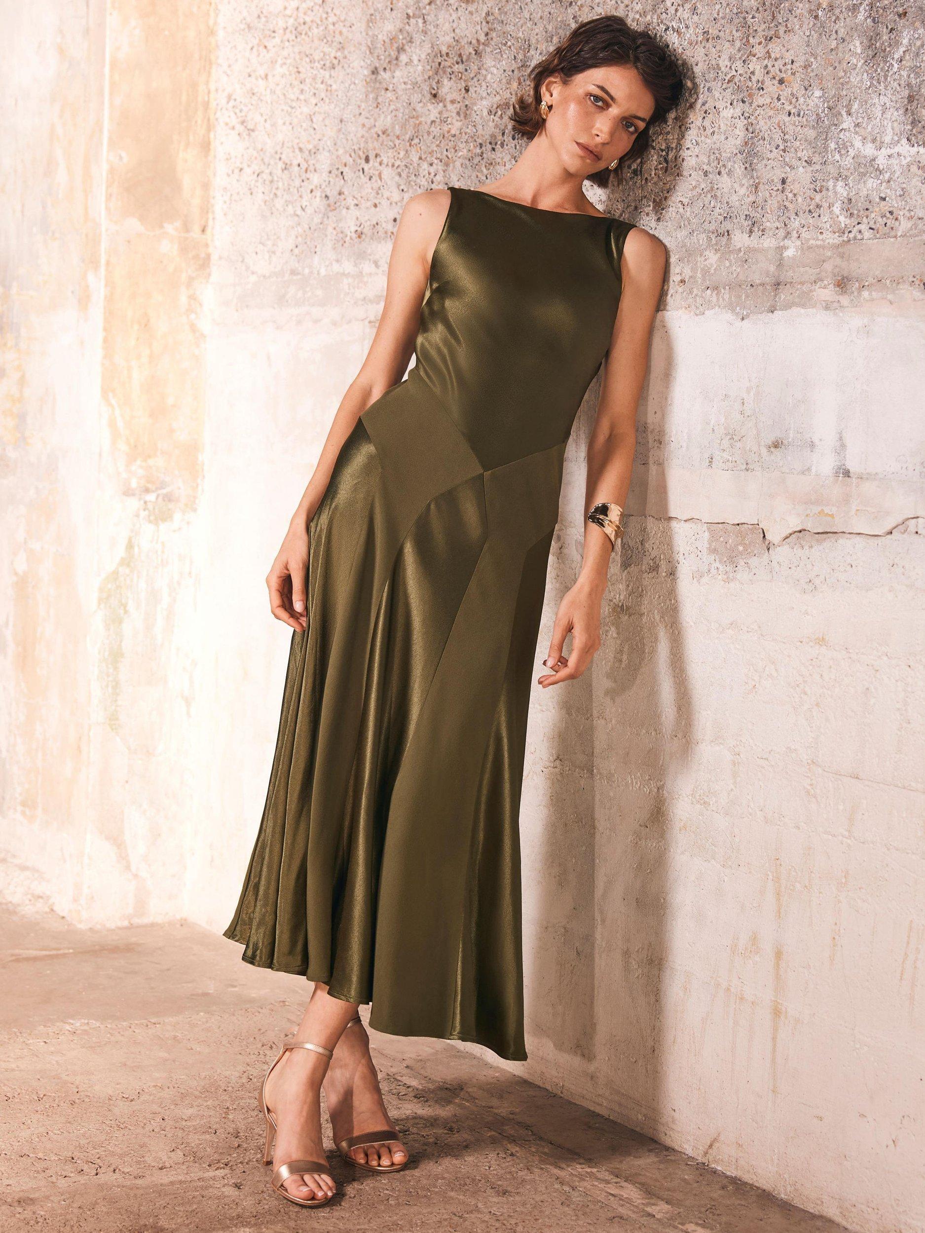 Product image 5 of 8, which shows Mint Velvet Panelled Satin Maxi Dress, Green, 6