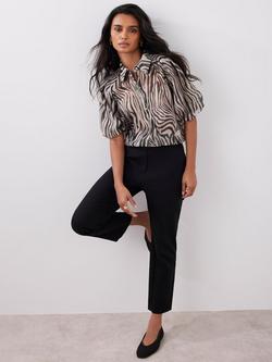 Mint Velvet Zebra Print Puff Sleeve Shirt, Khaki/Multi, Khaki/Multi