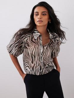 Mint Velvet Zebra Print Puff Sleeve Shirt, Khaki/Multi - view 2, Khaki/Multi