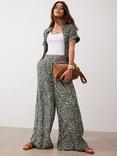 Mint Velvet Leaf Print Wide Leg Trousers, Khaki