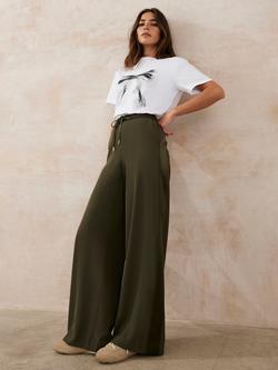 Mint Velvet Side Stripe Wide Leg Trousers, Green Khaki - view 2, Green Khaki