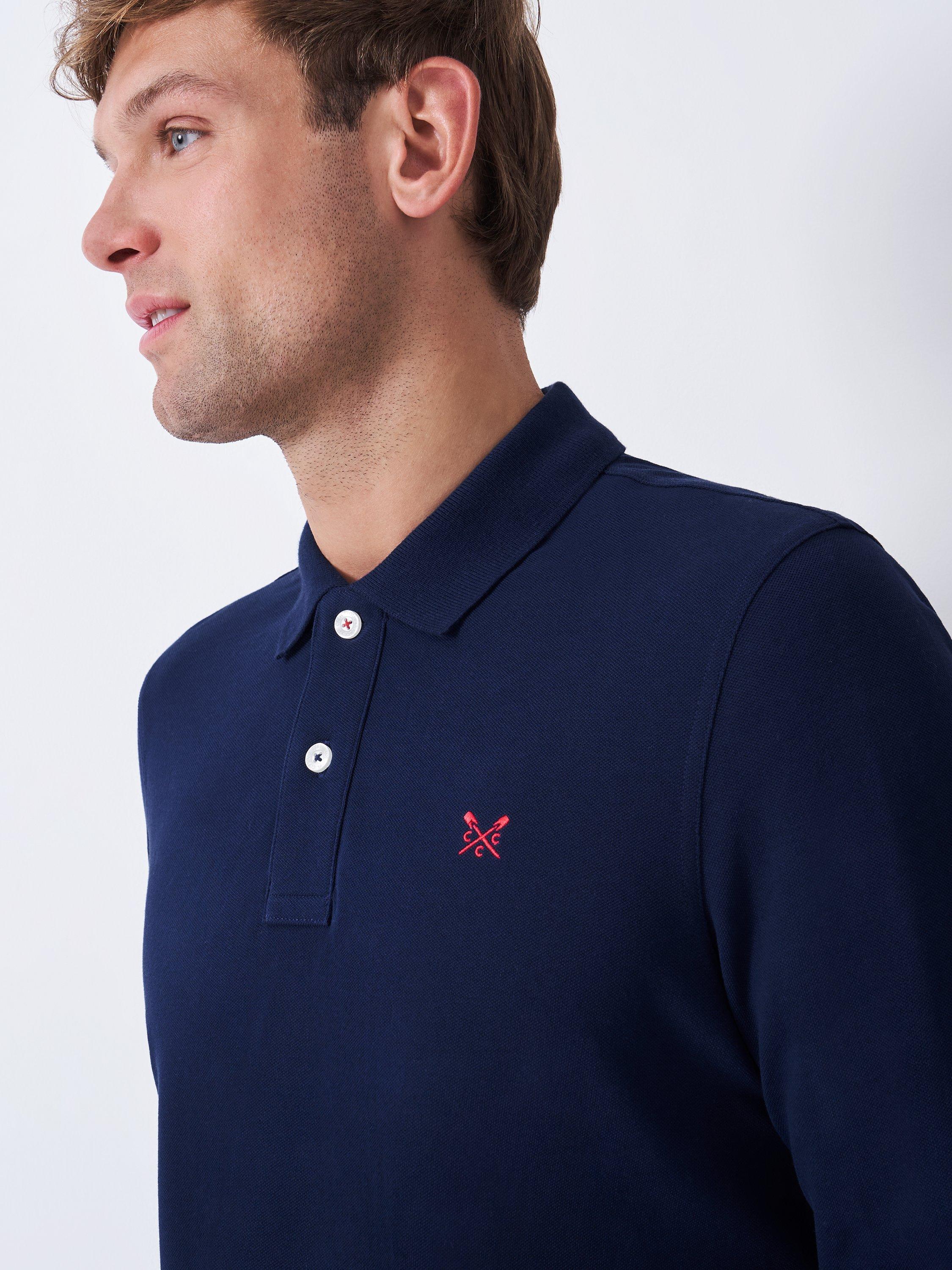 Product image 4 of 5, which shows Crew Clothing Cotton Blend Regular Fit Long Sleeve Polo Shirt, Bright Blue, L