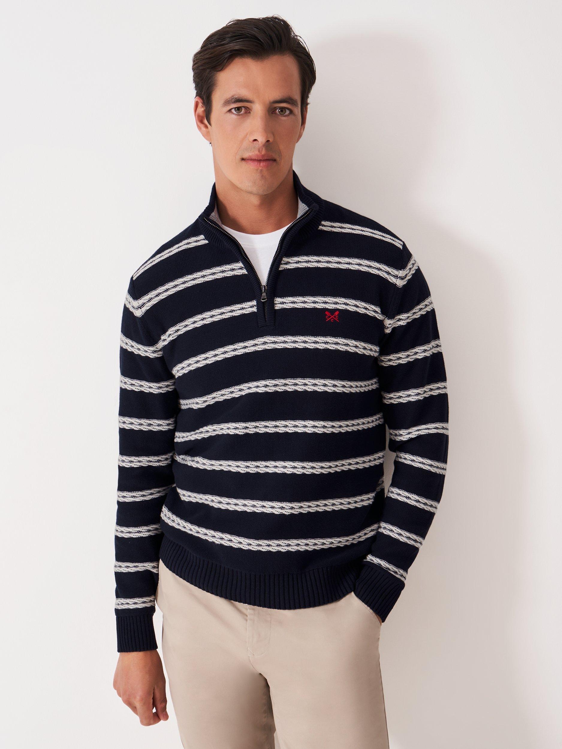 Product image 1 of 5, which shows Crew Clothing Half Zip Stripe Cotton Jumper, Navy Blue, L