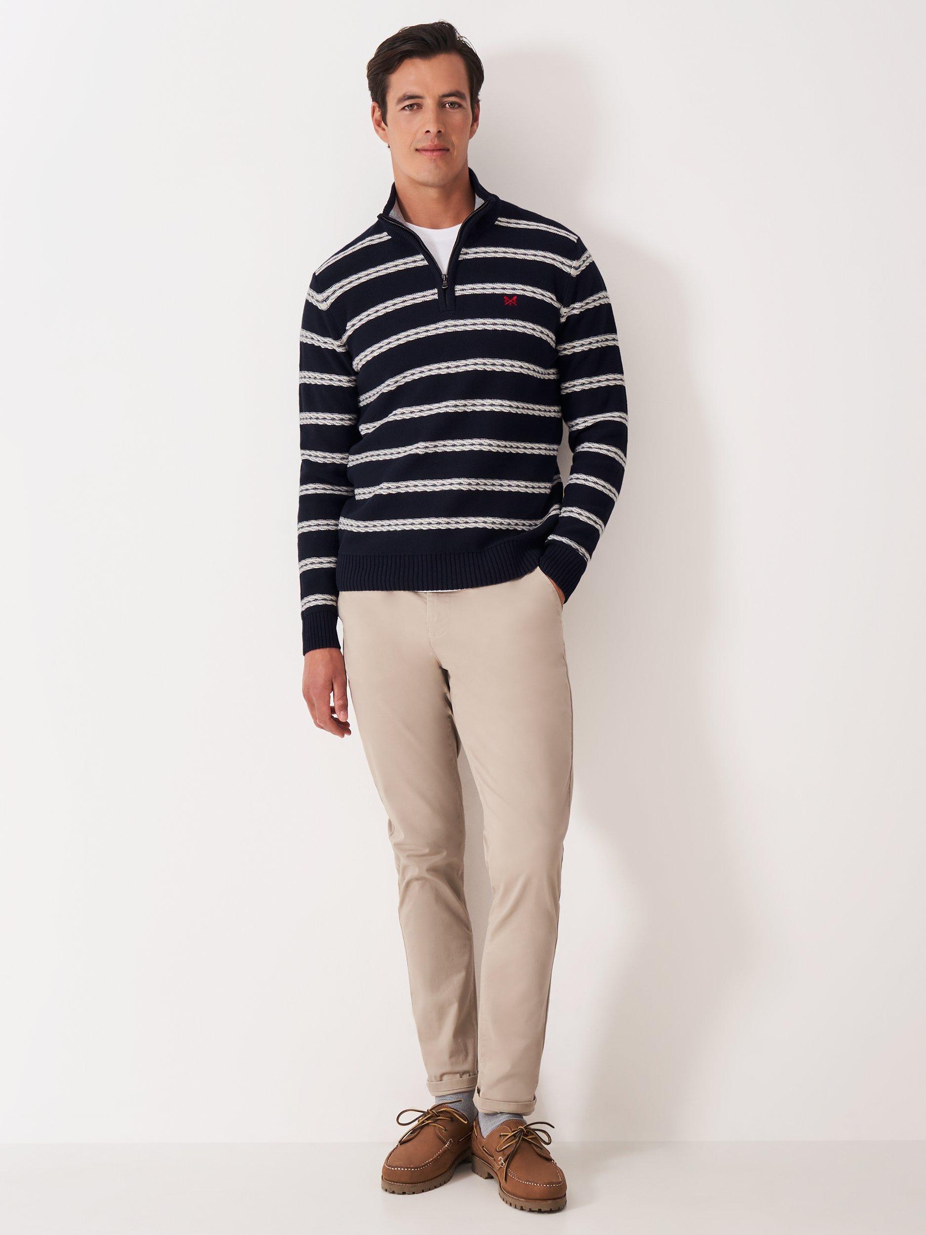 Product image 3 of 5, which shows Crew Clothing Half Zip Stripe Cotton Jumper, Navy Blue, L
