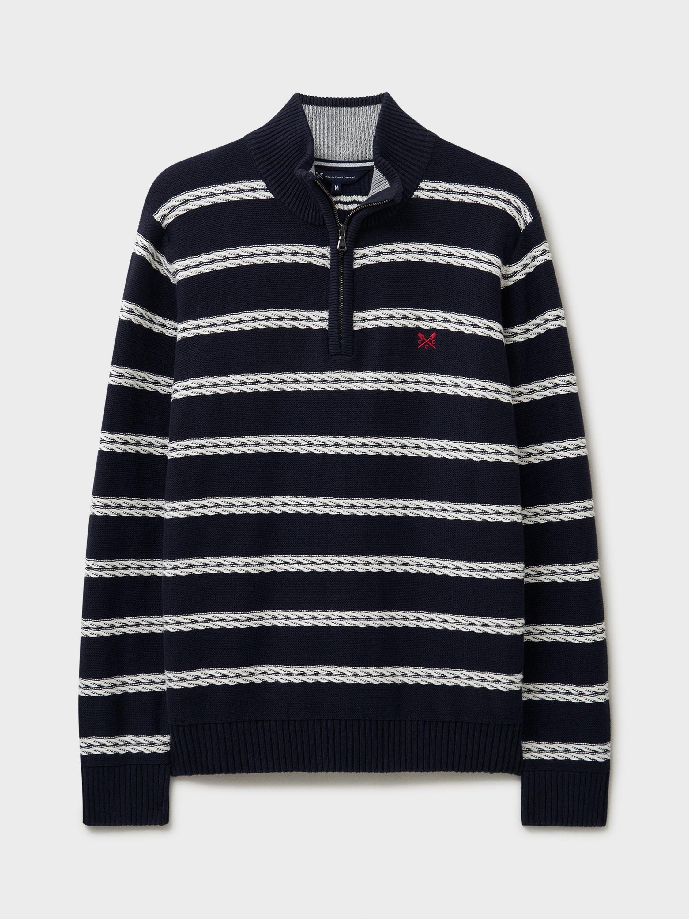 Product image 4 of 5, which shows Crew Clothing Half Zip Stripe Cotton Jumper, Navy Blue, L