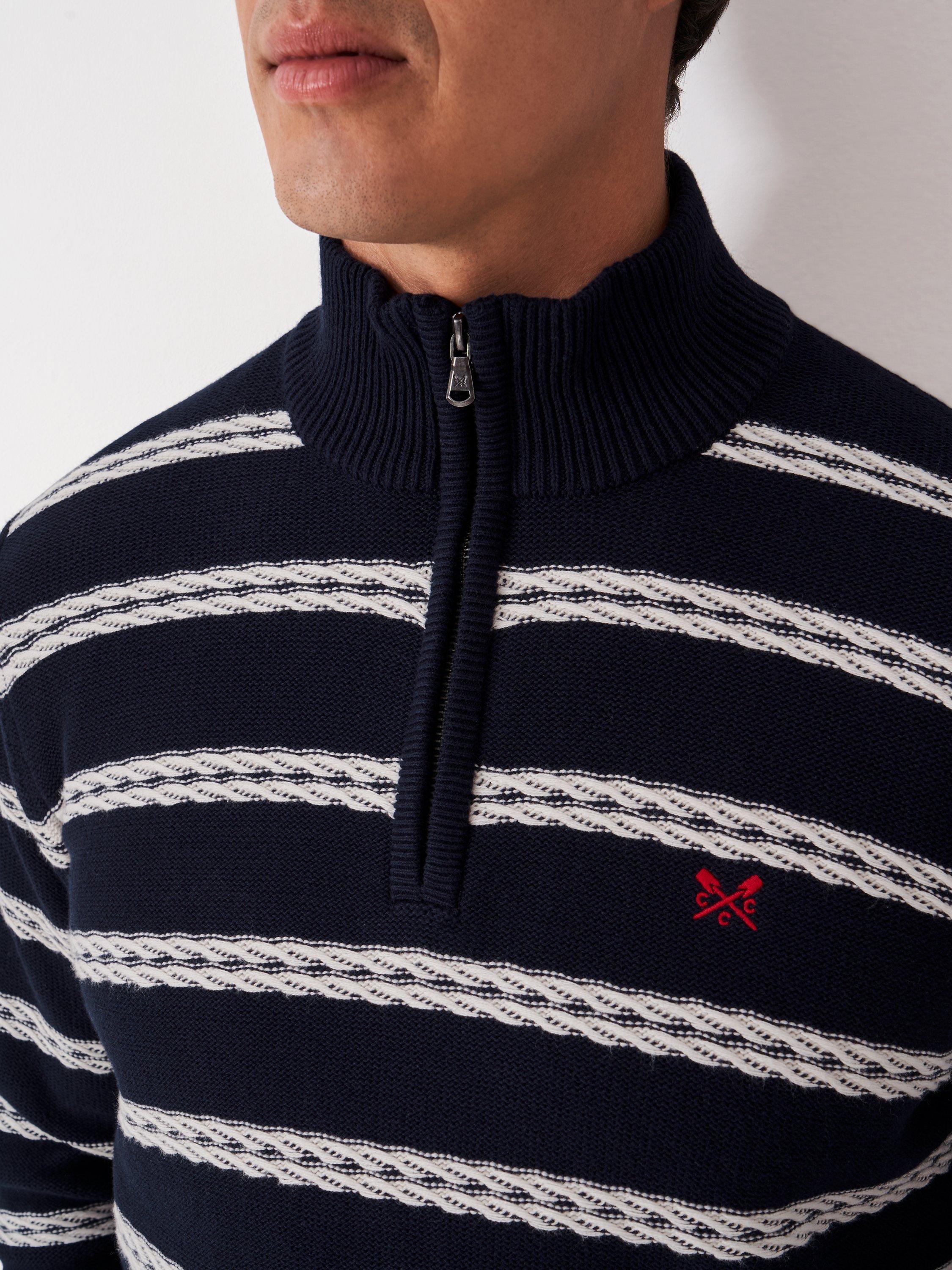 Product image 5 of 5, which shows Crew Clothing Half Zip Stripe Cotton Jumper, Navy Blue, L