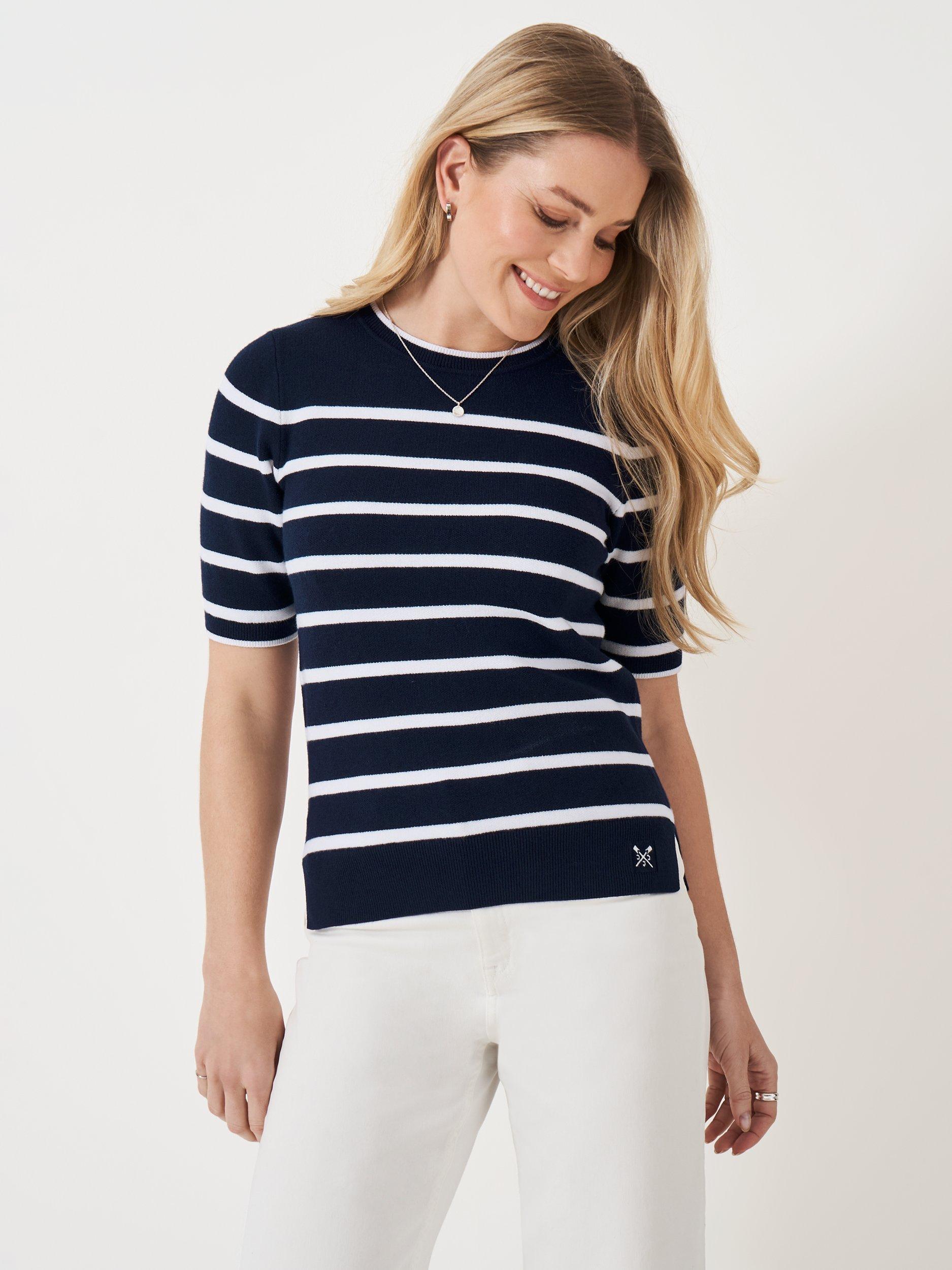 Product image 1 of 5, which shows Crew Clothing Stripe Knit Top, Navy/White, 10