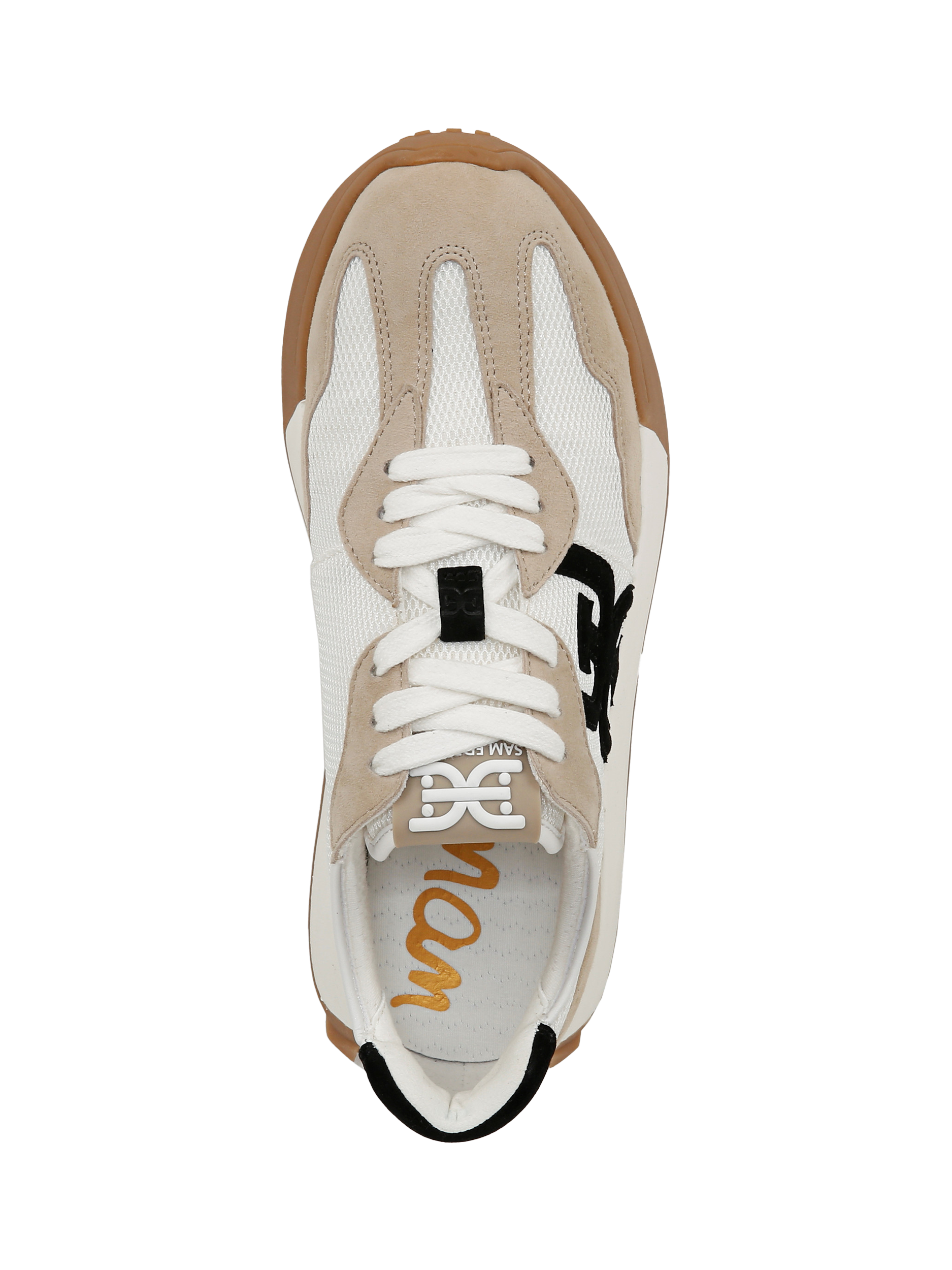 Product image 4 of 6, which shows Sam Edelman Langley 3 Suede Lace Up Trainers, White/Tan/Black, 3