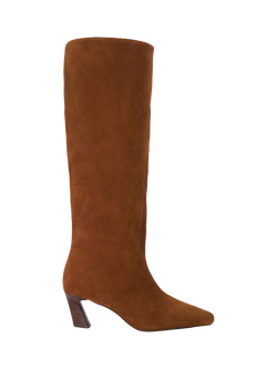 Dune London Selinni Suede Flared Heel Knee High Boots, Dark Tan, Dark Tan