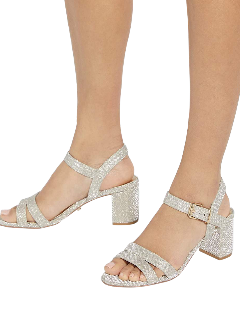 Product image 2 of 6, which shows Dune London Merisa Block Heel Sandals, Gold, EU36