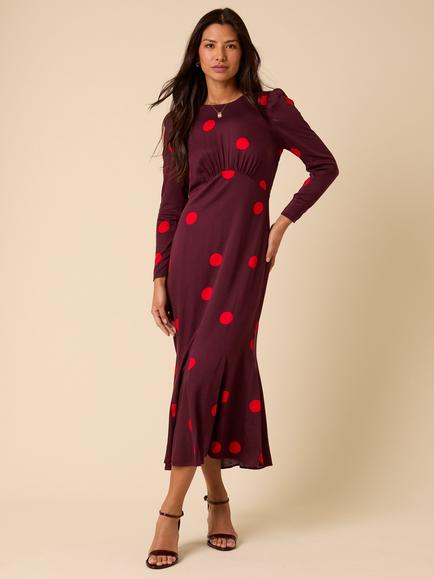 Nobody's Child Sally Polka Dot Midi Dress, Burgundy/Red, Burgundy/Red