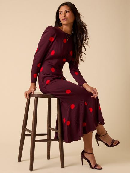 Nobody's Child Sally Polka Dot Midi Dress, Burgundy/Red - view 2, Burgundy/Red