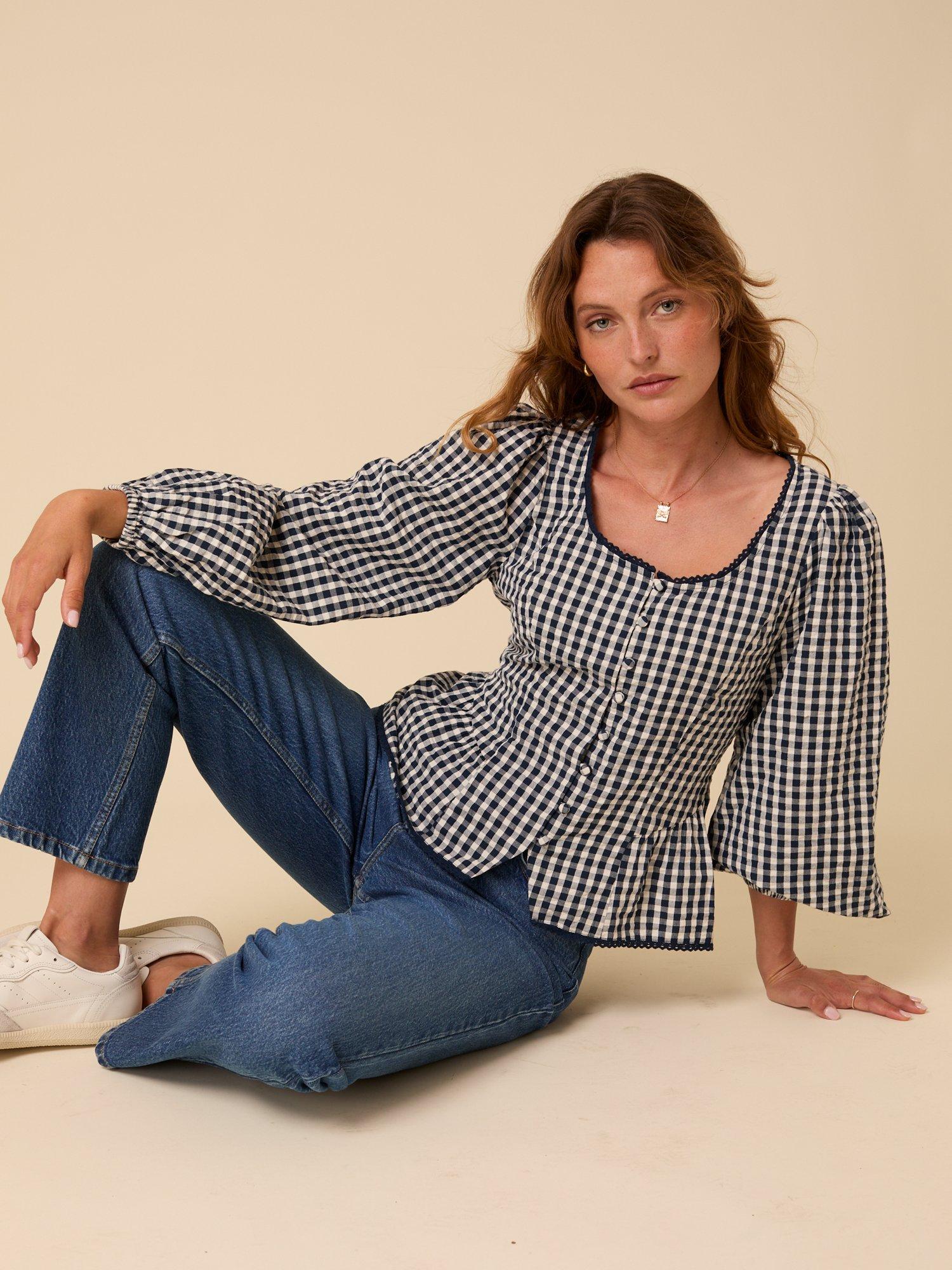 Product image 1 of 5, which shows Nobody's Child Edie Gingham Long Sleeve Top, Navy, 20