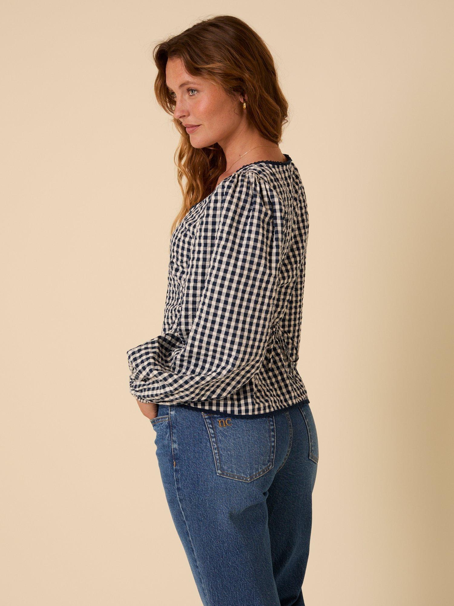 Product image 5 of 5, which shows Nobody's Child Edie Gingham Long Sleeve Top, Navy, 20