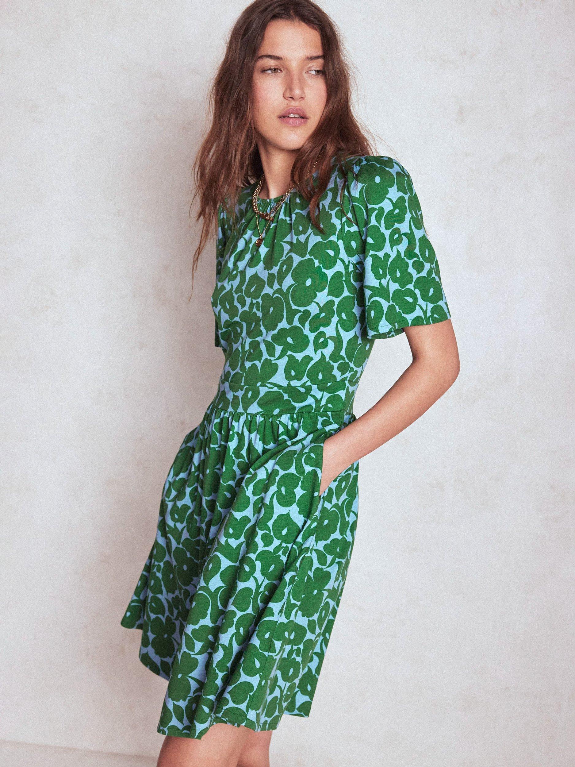 Product image 1 of 6, which shows Boden Louisa Floral Jersey Dress, Green/Multi, 12