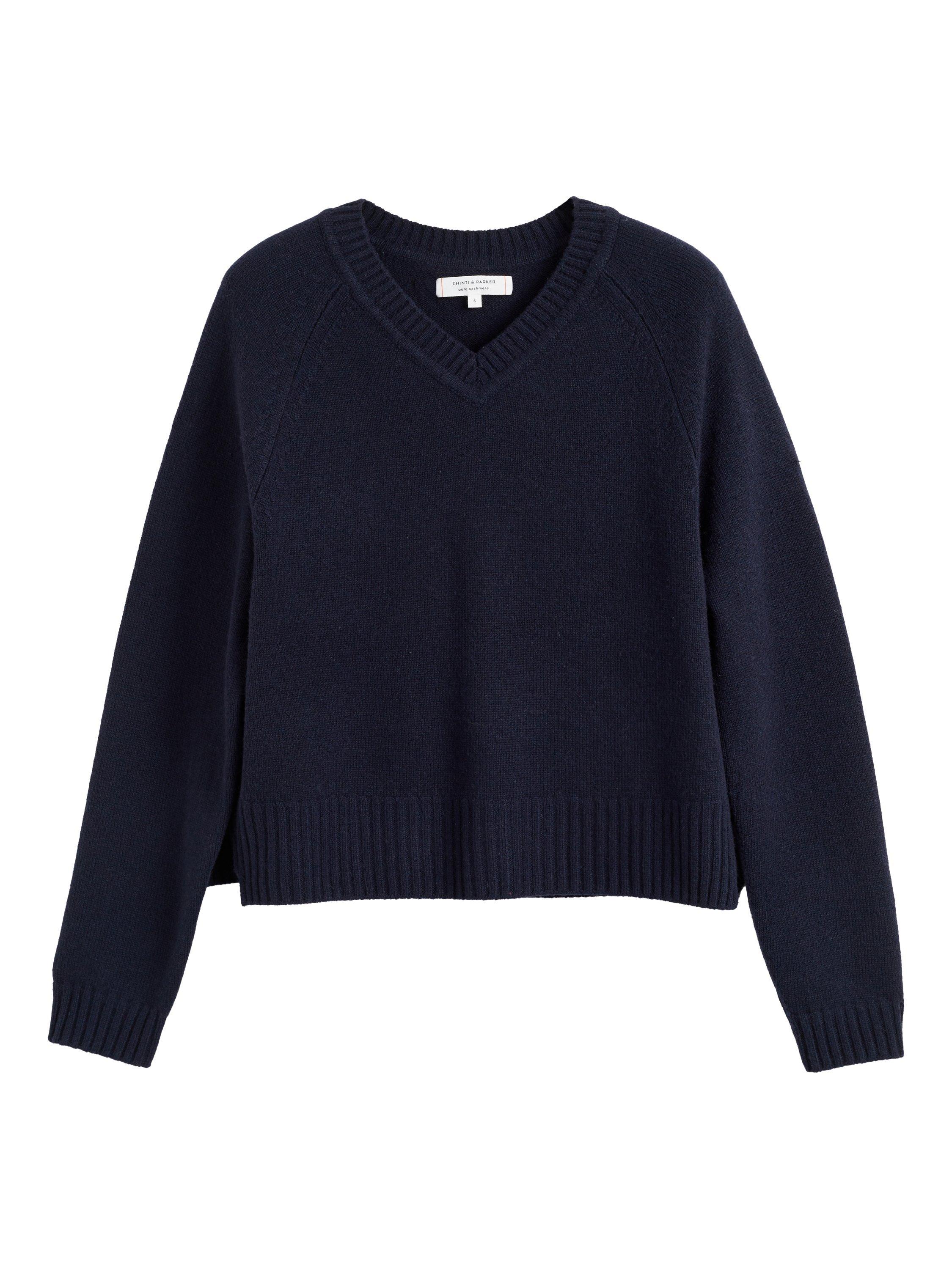 Product image 4 of 4, which shows Chinti & Parker V-Neck Pure Cashmere Jumper, Navy, XS