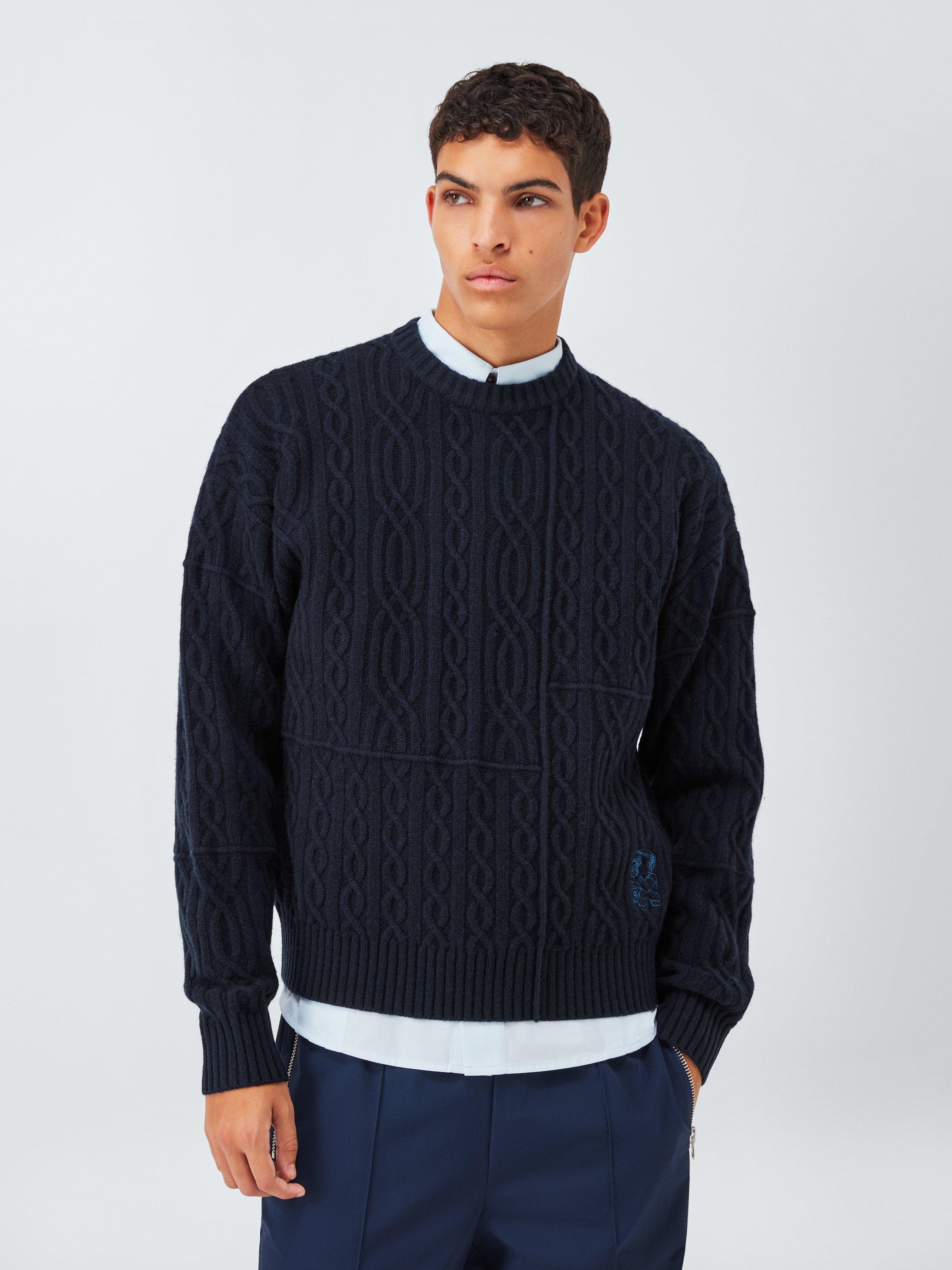 Product image 1 of 6, which shows John Lewis x LABRUM Lambswool Blend Cable Knit Jumper, Navy, S